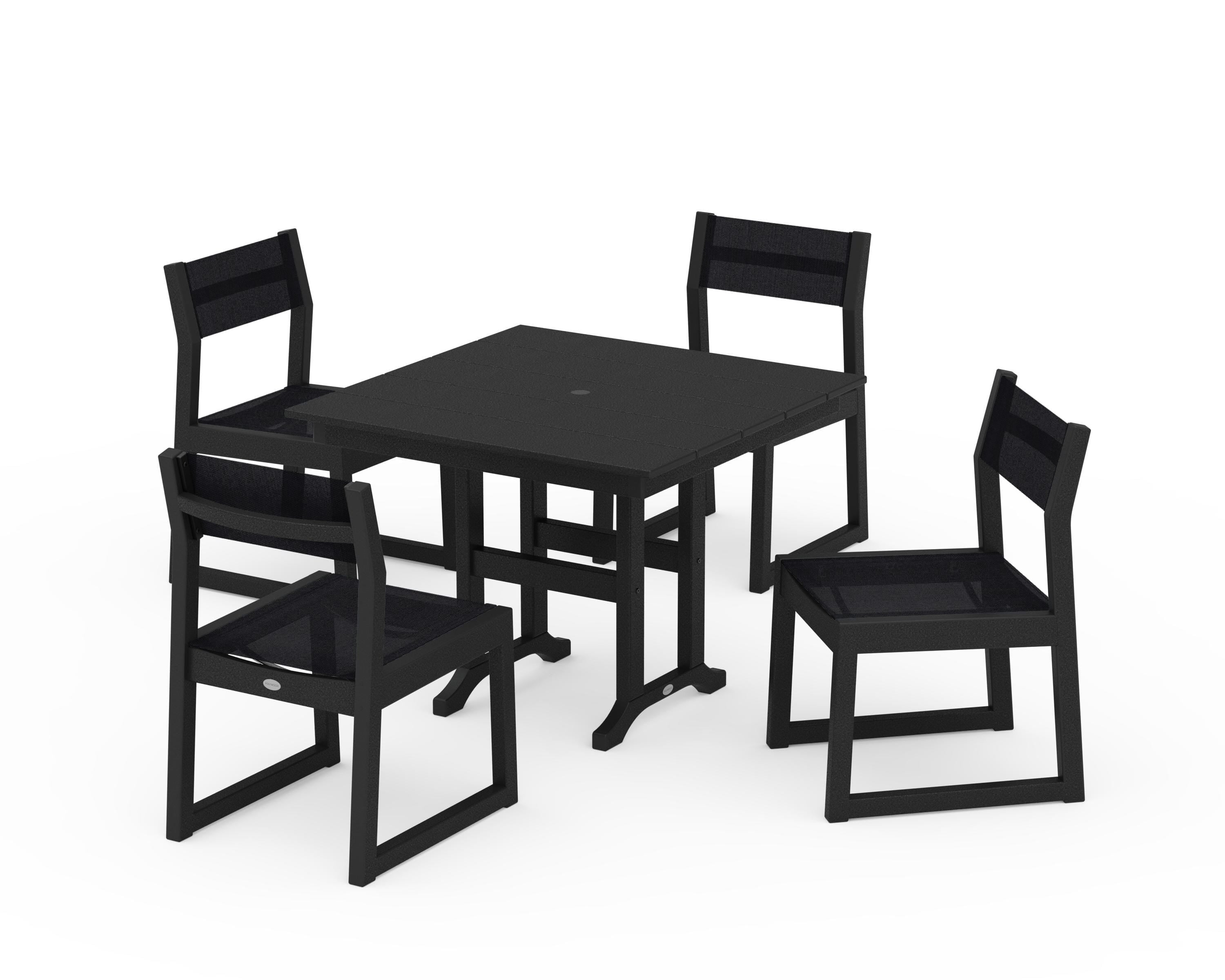 POLYWOOD® EDGE Sling Side Chair 5-Piece Farmhouse Dining Set in Black / Black Sling