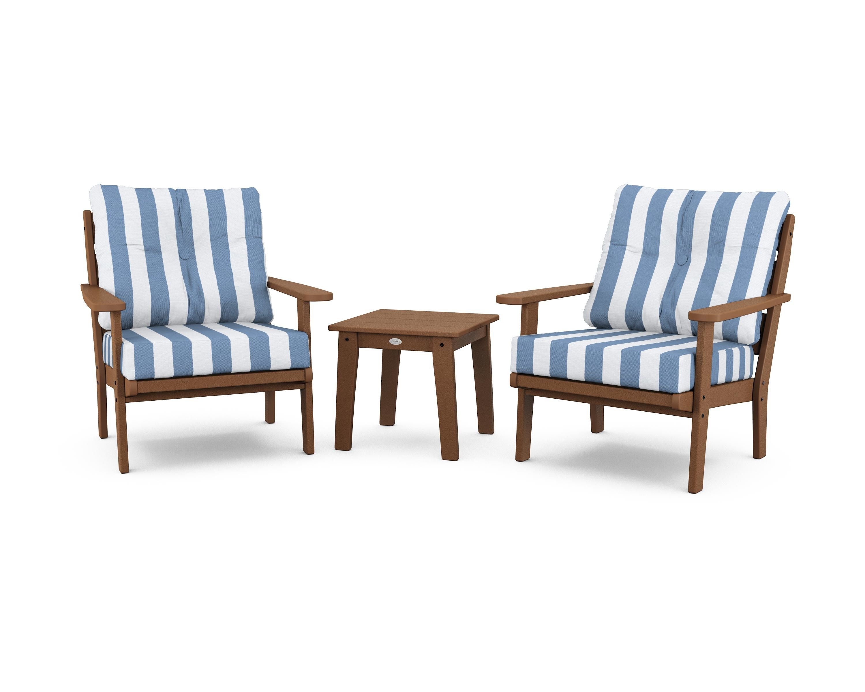 POLYWOOD® Lakeside 3-Piece Deep Seating Chair Set in Teak / Cabana Stripe Sky Blue