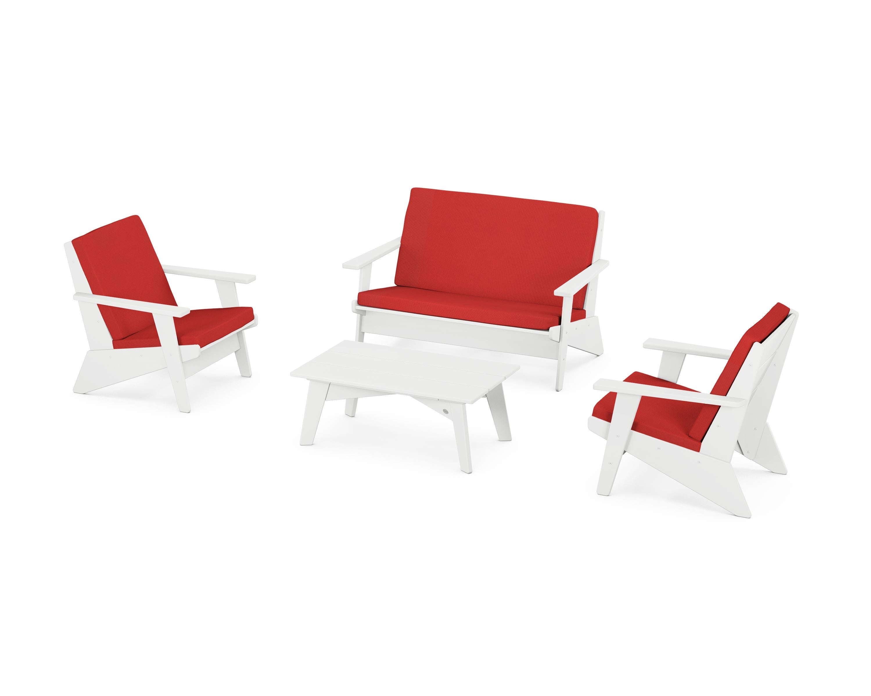 POLYWOOD® Riviera Modern Lounge 4-Piece Set in White / Crimson Linen