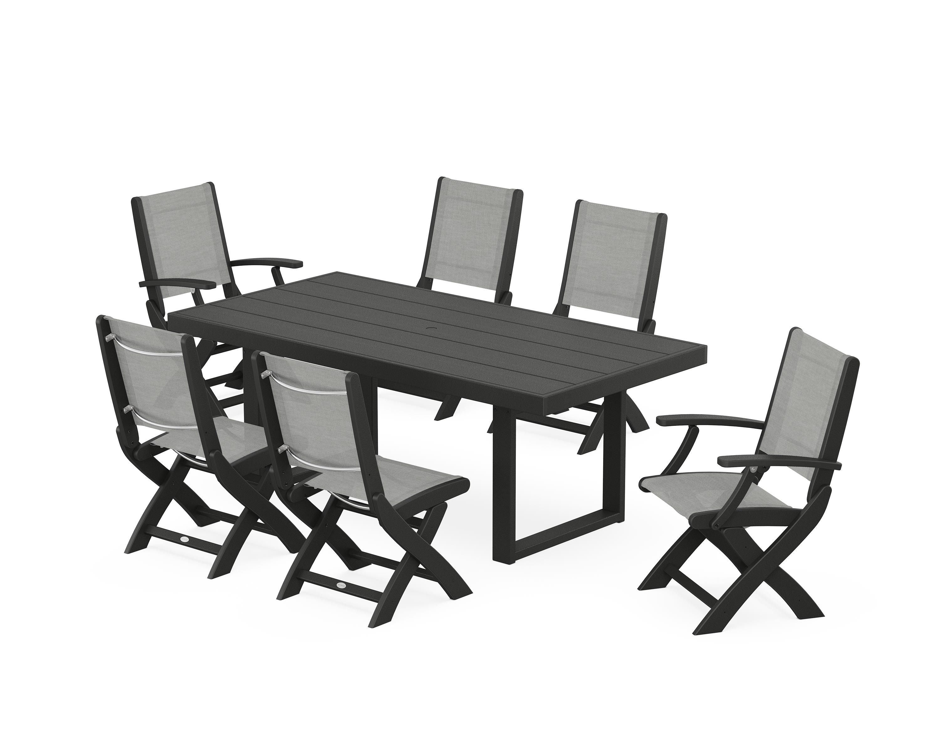 POLYWOOD® Coastal Folding Chair 7-Piece Dining Set with Trestle Legs in Black / Metallic Sling