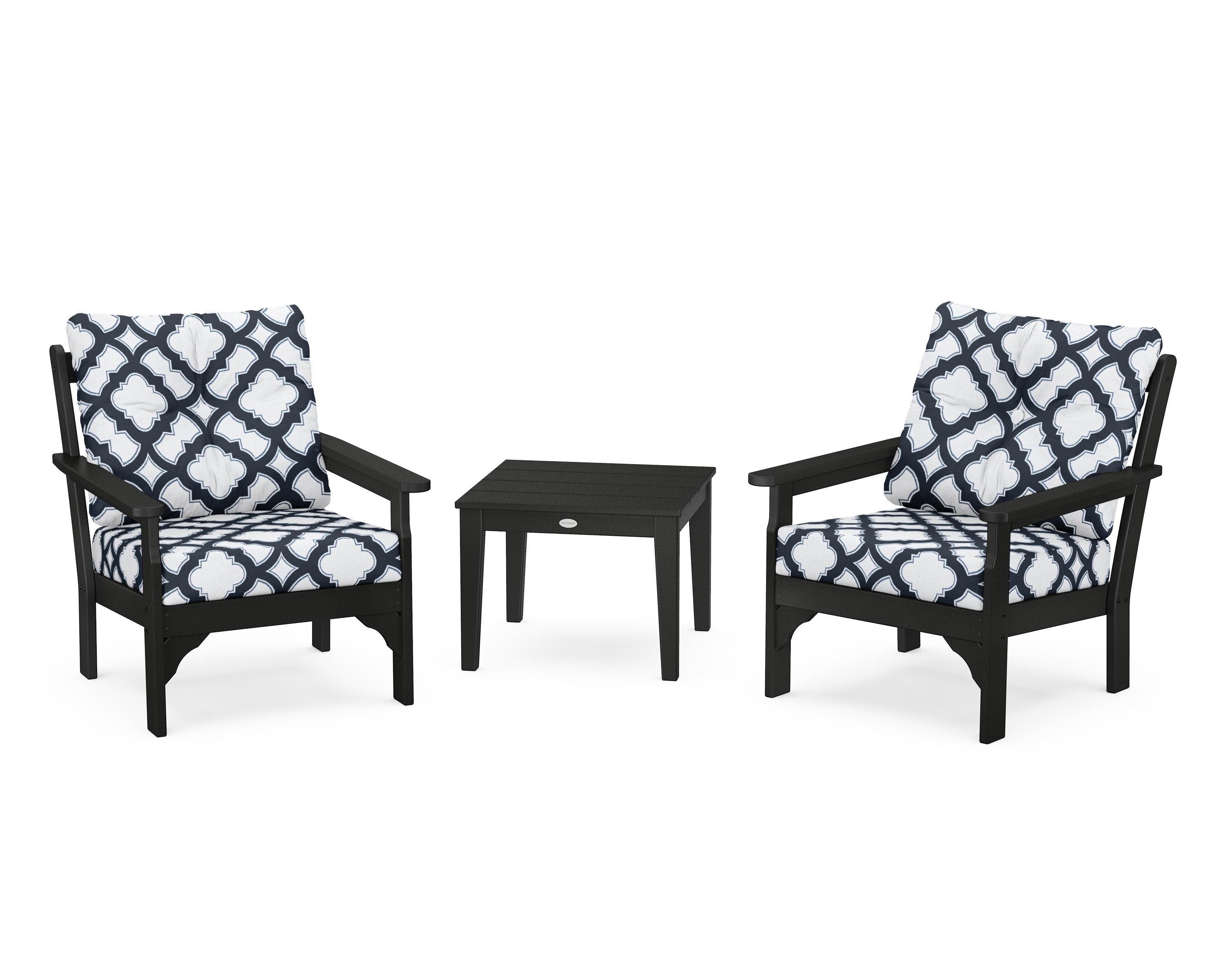 POLYWOOD® Vineyard 3-Piece Deep Seating Set in Black / Trellis Marine Indigo