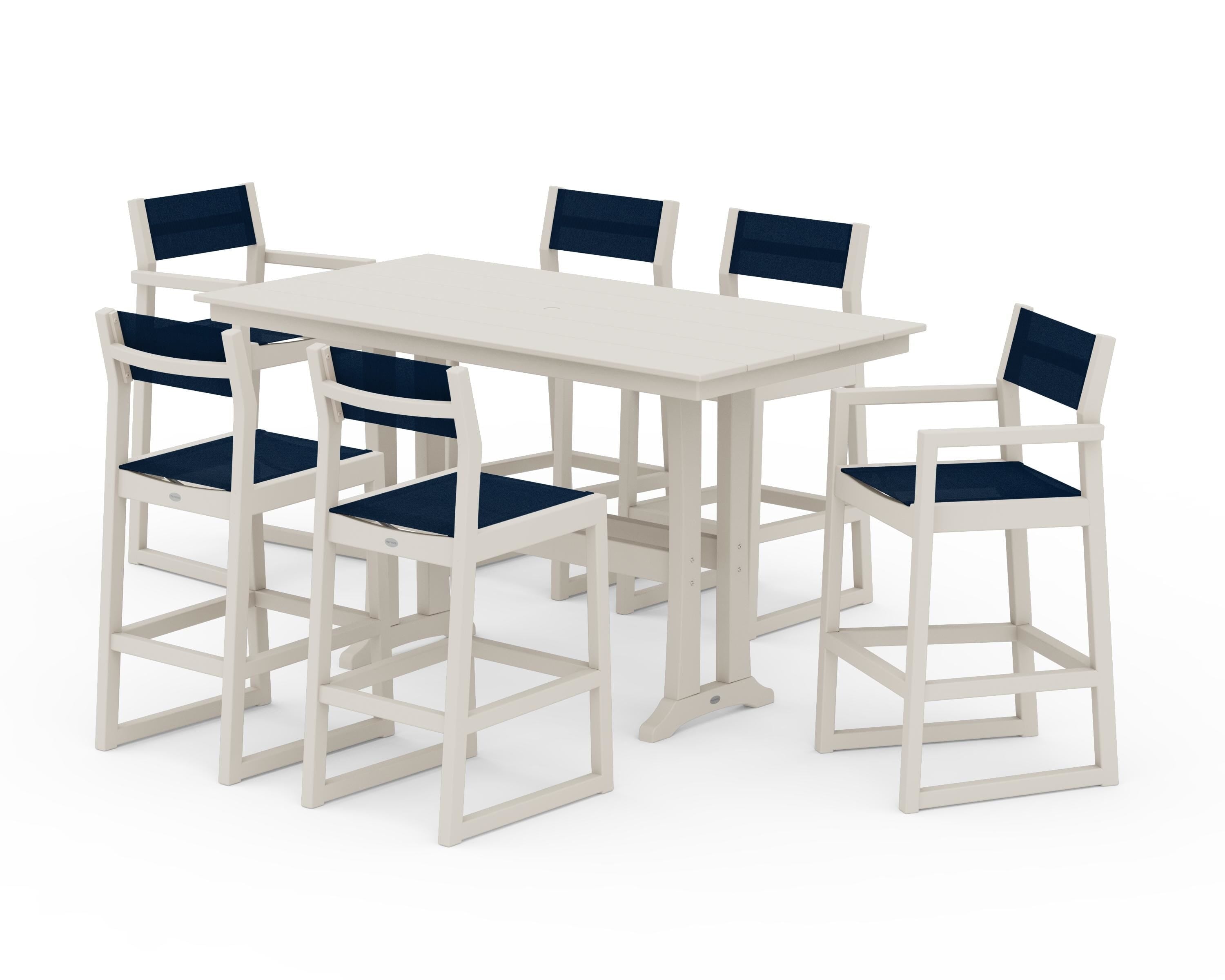 POLYWOOD® EDGE Sling 7-Piece Farmhouse Bar Set with Trestle Legs in Sand / Navy Blue Sling