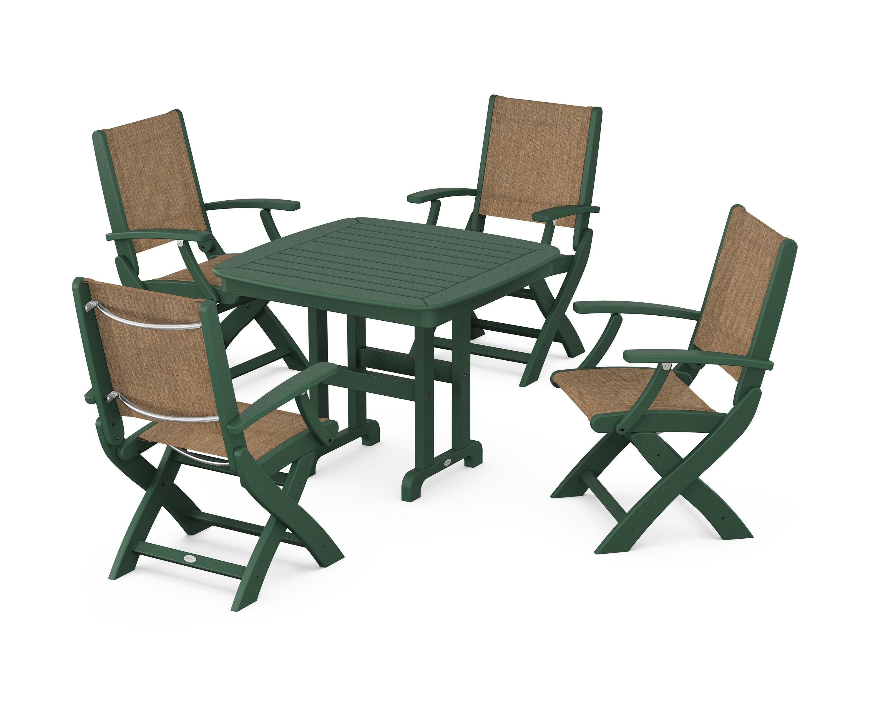 POLYWOOD® Coastal Folding Chair 5-Piece Dining Set in Green / Burlap Sling