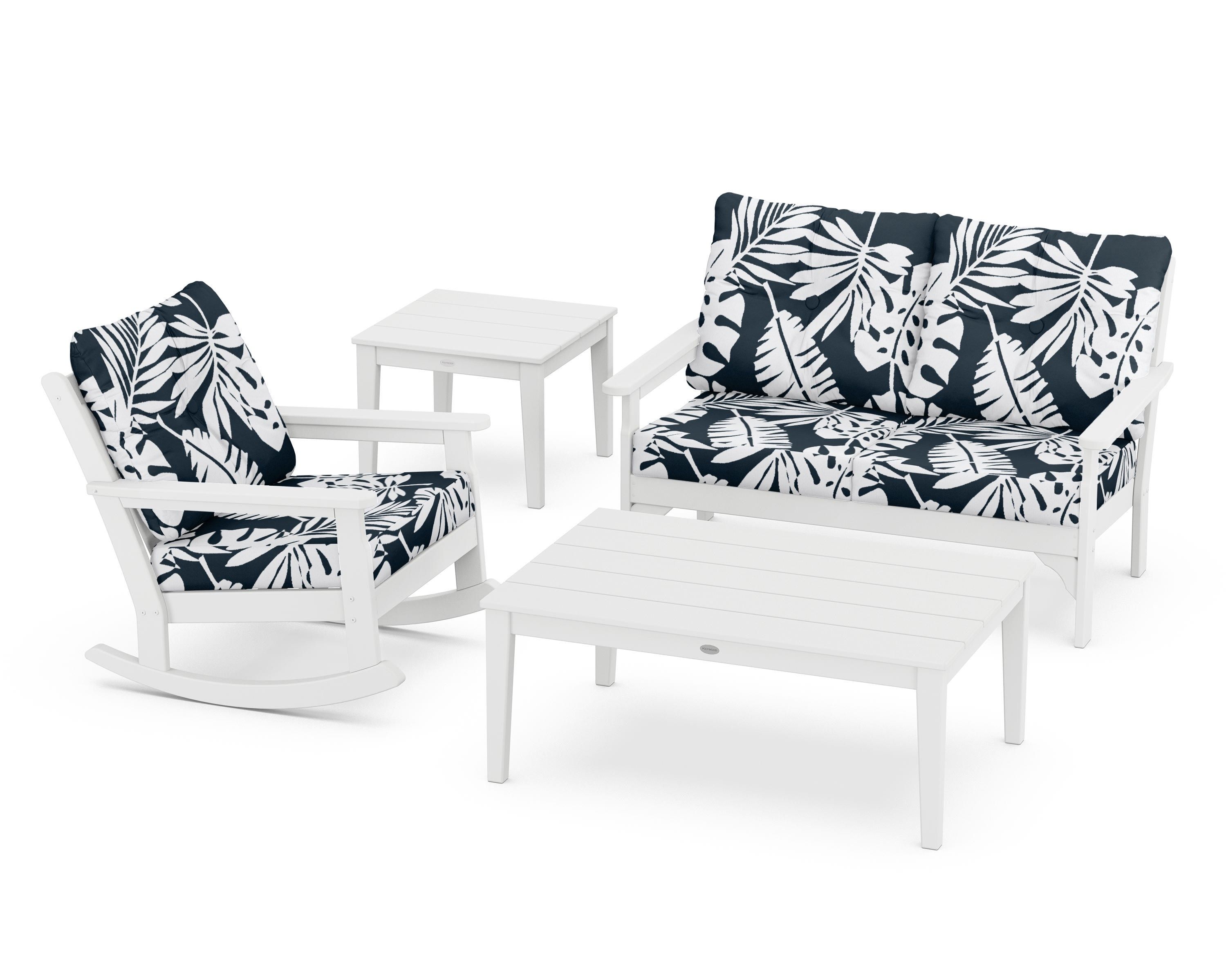 POLYWOOD® Vineyard 4-Piece Deep Seating Rocker Set in White / Leaf Marine Indigo