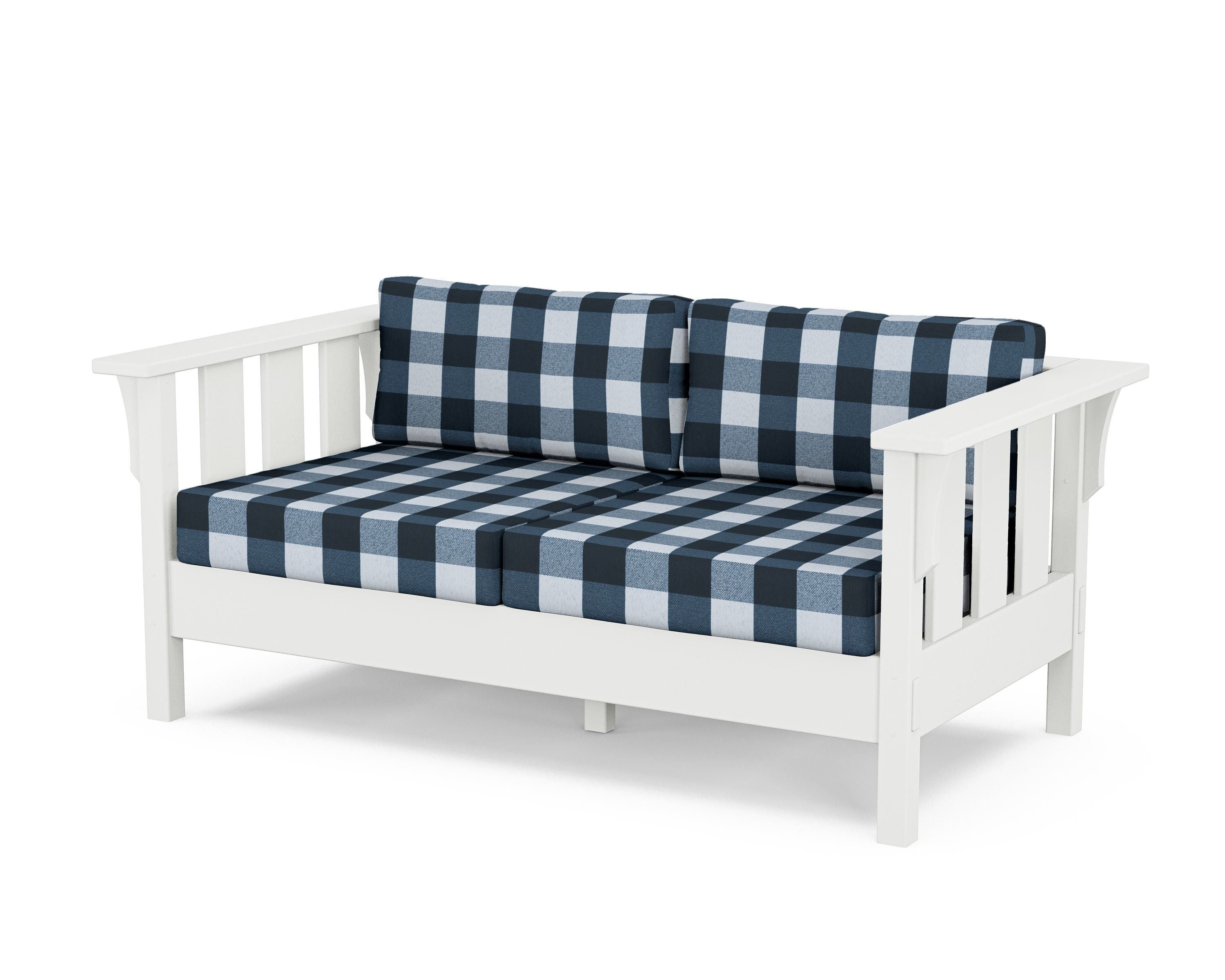 Martha Stewart by POLYWOOD® Acadia Deep Seating Loveseat in White / Buffalo Plaid Marine Indigo