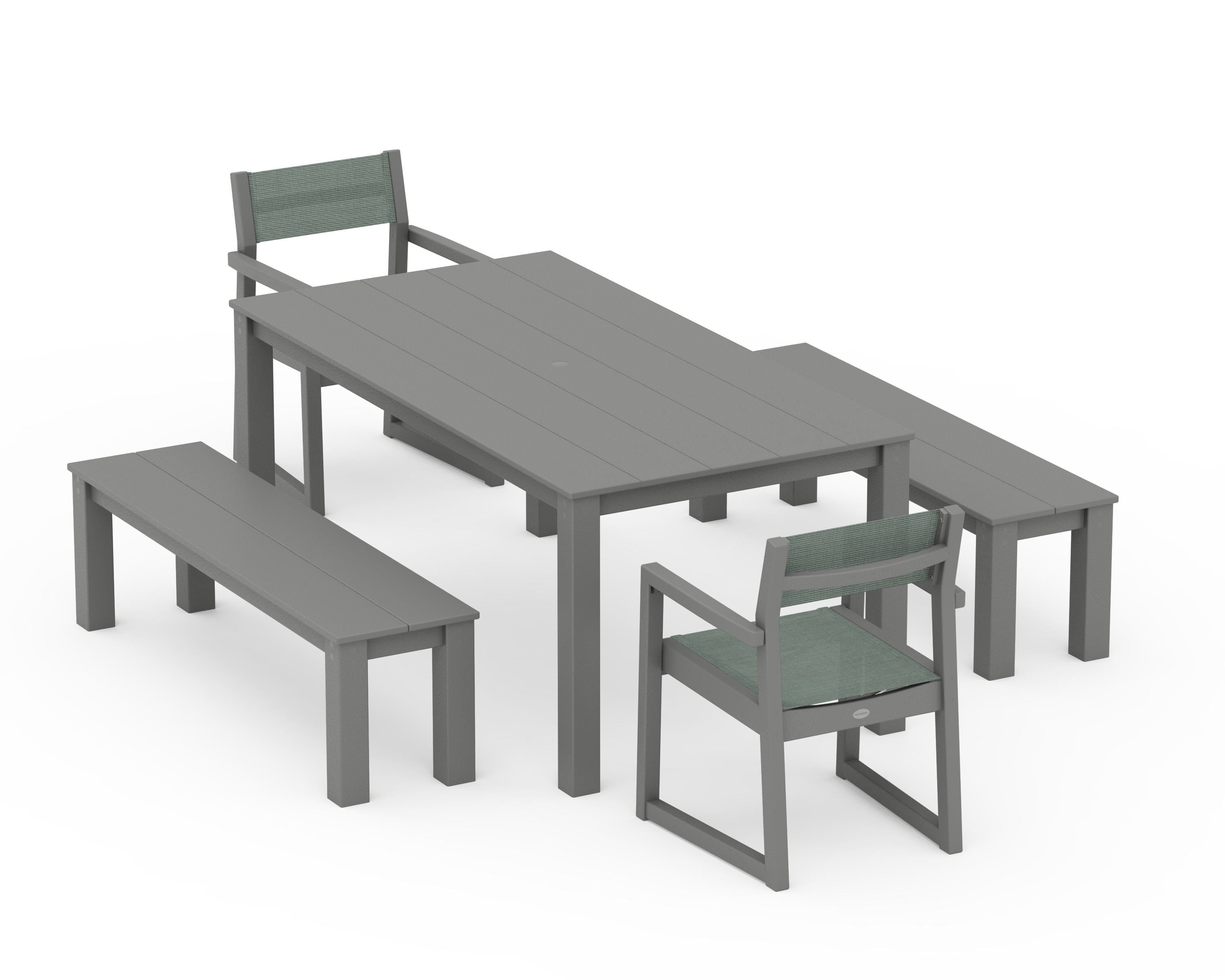 POLYWOOD® EDGE Sling Arm Chair 5-Piece Parsons Dining Set with Benches in Slate Grey / Dupioni Sea Mist Sling