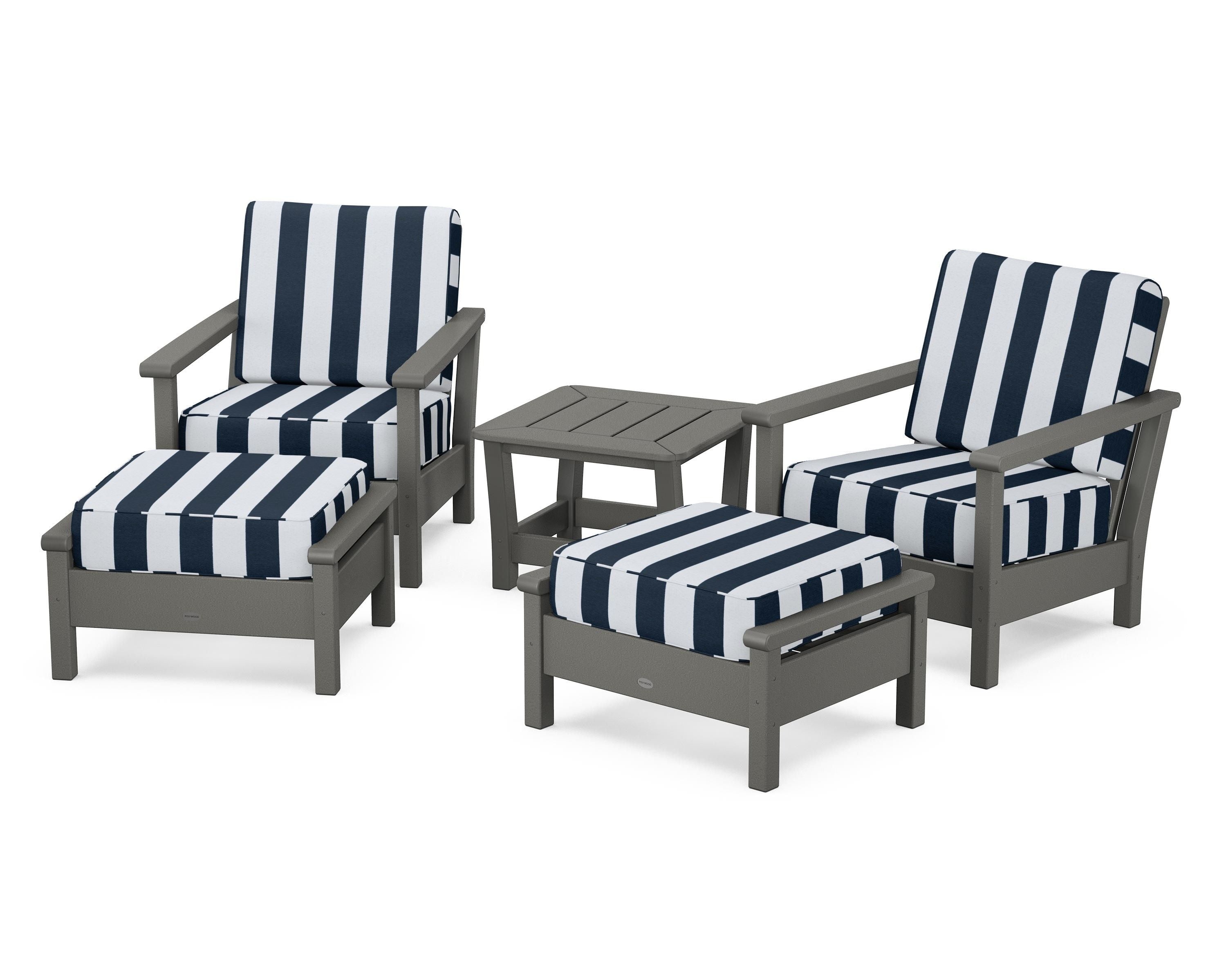 POLYWOOD® Harbour 5-Piece Deep Seating Chair Set in Slate Grey / Cabana Stripe Marine Indigo