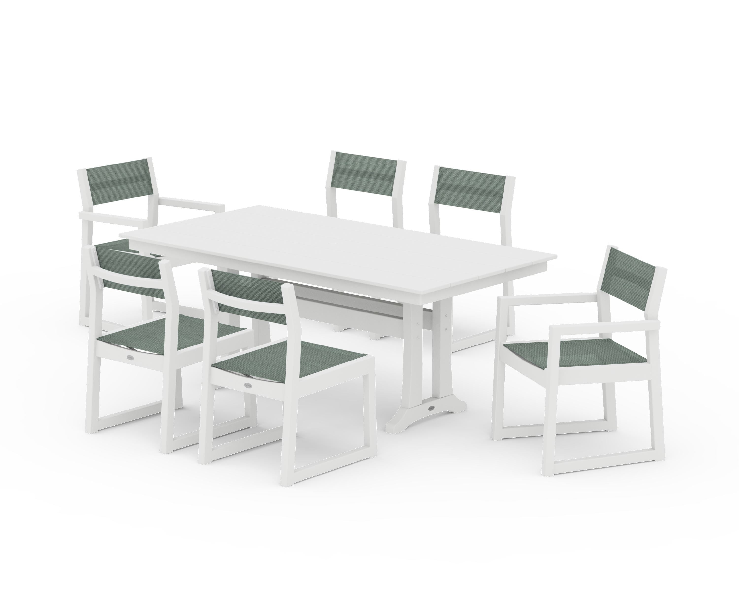POLYWOOD® EDGE Sling 7-Piece Farmhouse Trestle Dining Set in White / Dupioni Sea Mist Sling