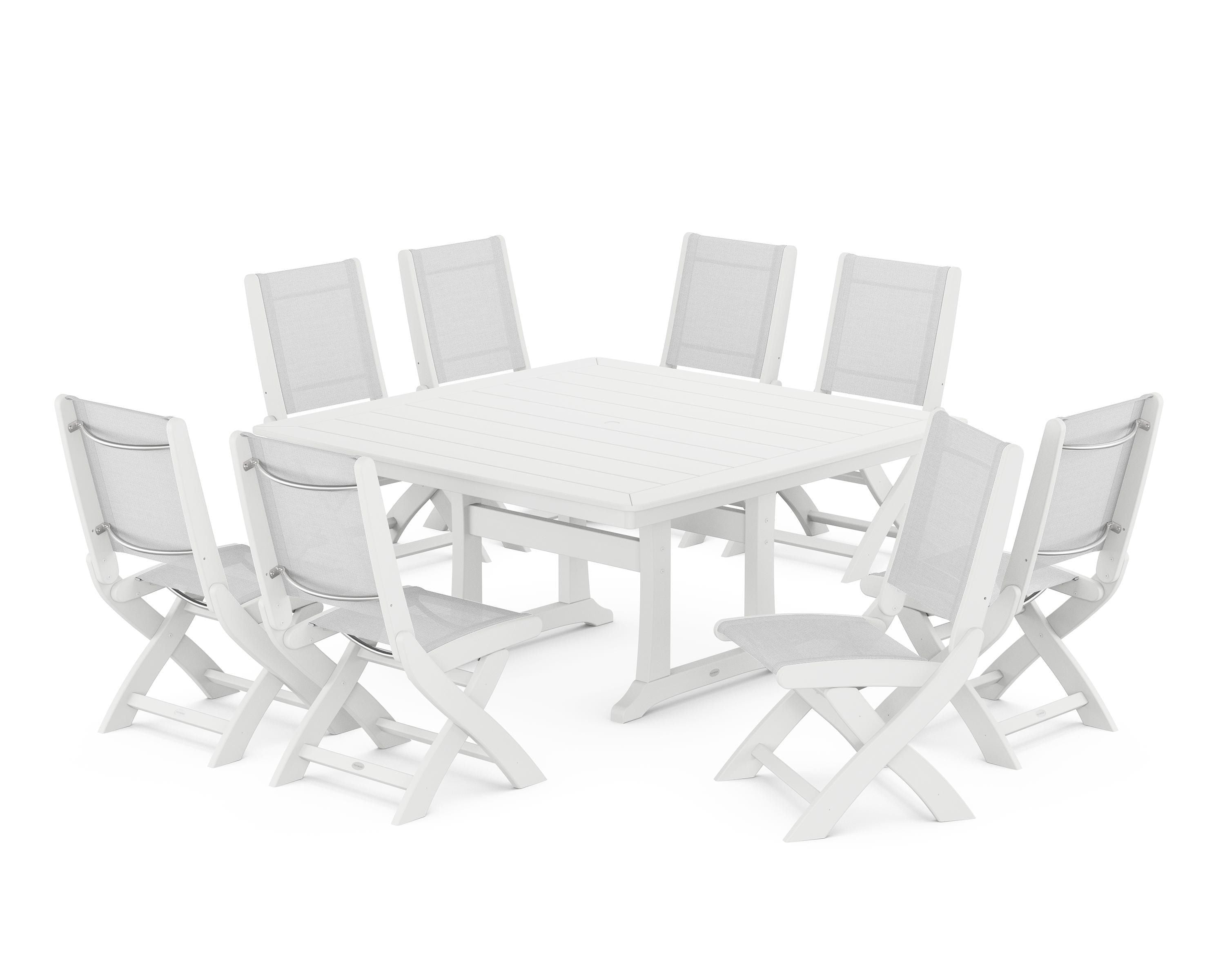 POLYWOOD® Coastal Folding Side Chair 9-Piece Dining Set with Trestle Legs in White / White Sling
