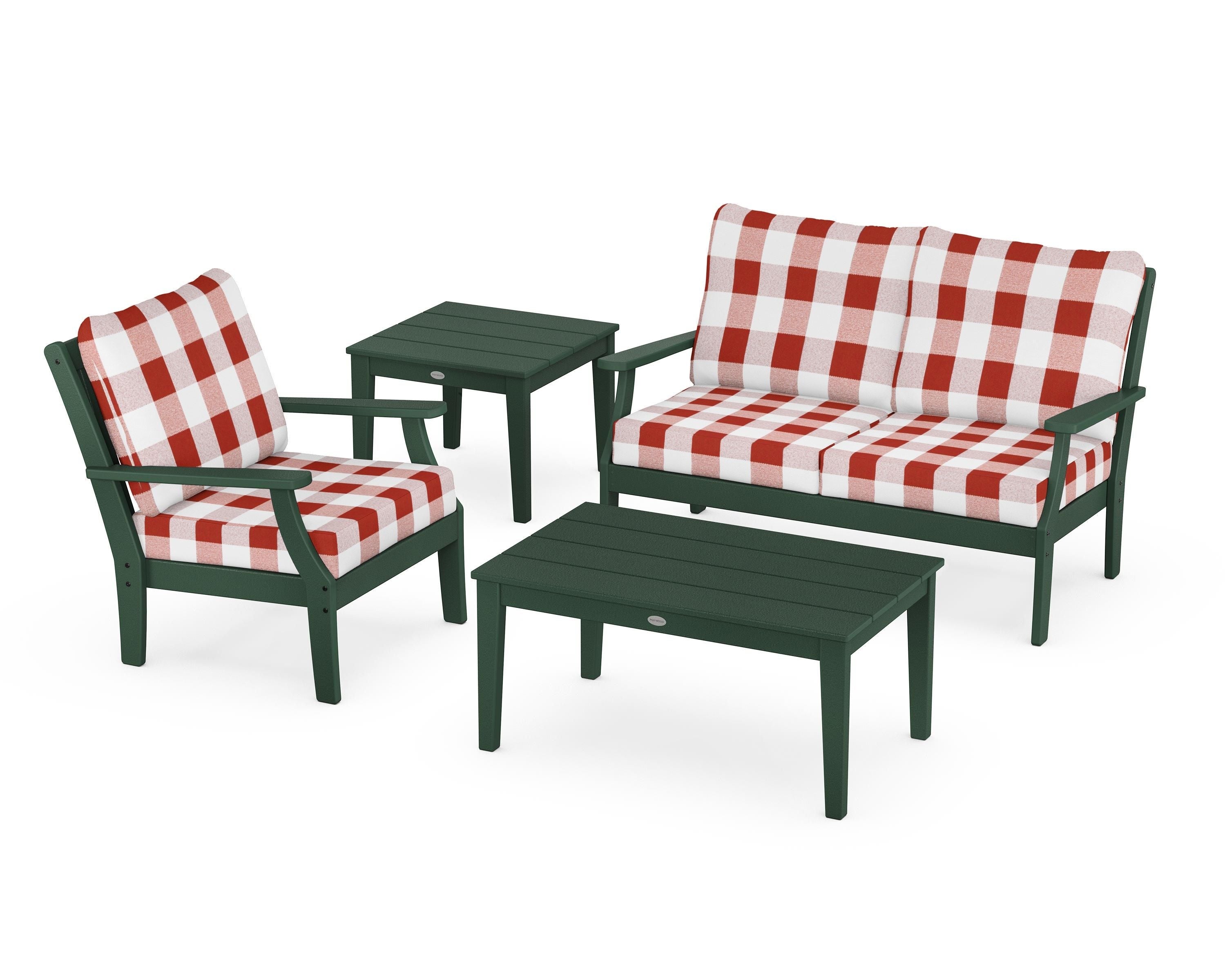 POLYWOOD® Braxton 4-Piece Deep Seating Set in Green / Buffalo Plaid Crimson