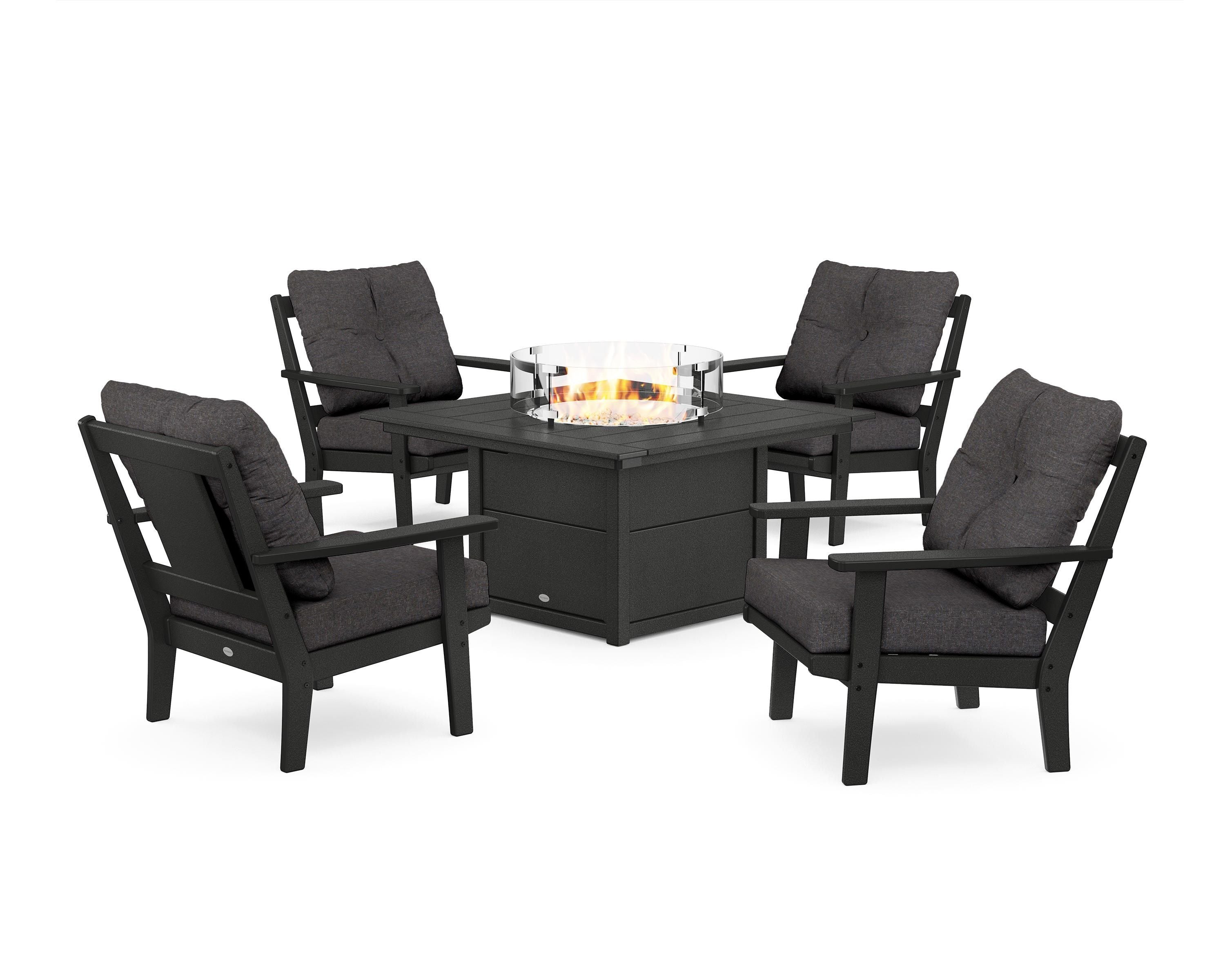 POLYWOOD® Prairie 5-Piece Deep Seating Set with Fire Pit Table in Black / Ash Charcoal