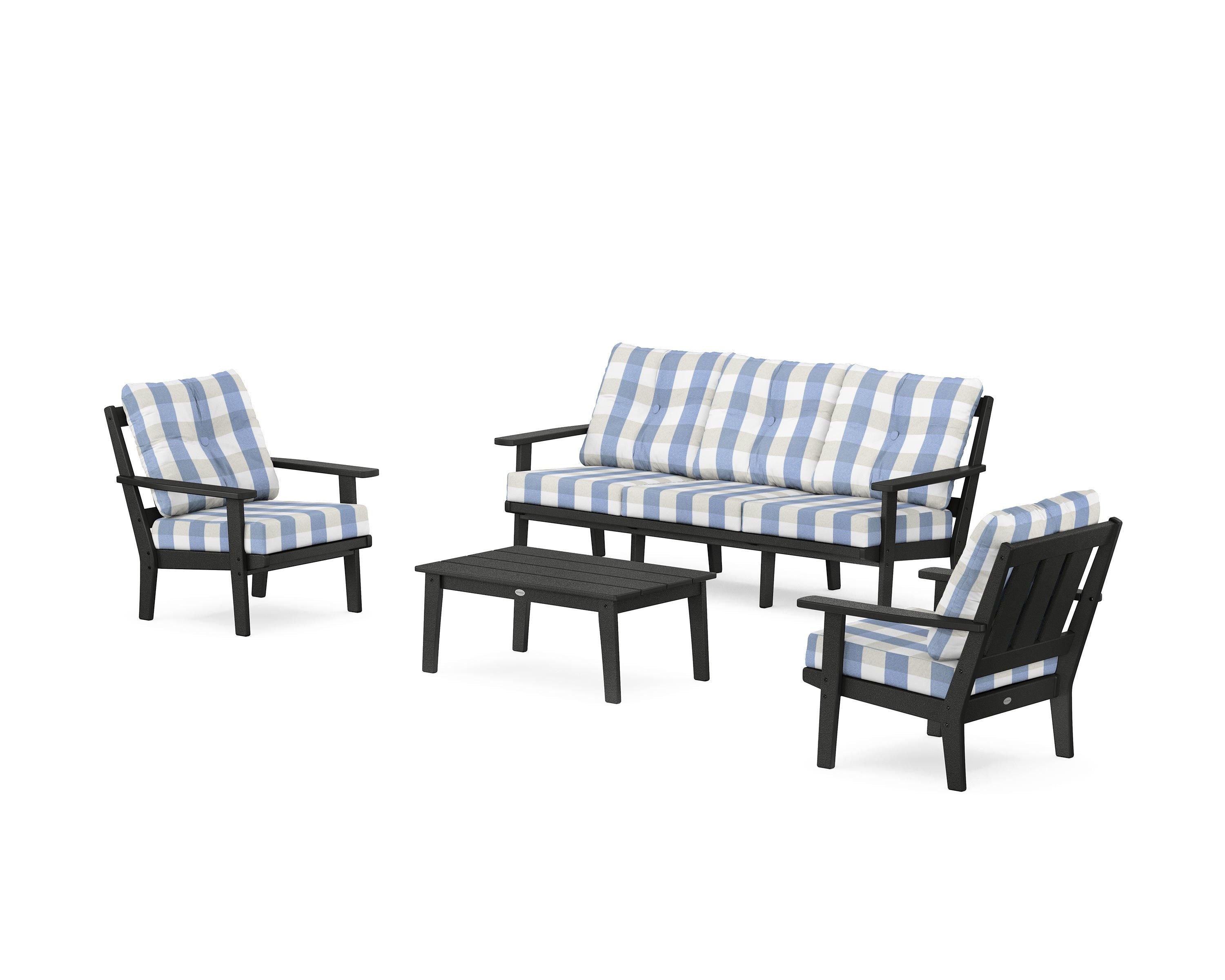 POLYWOOD® Oxford 4-Piece Deep Seating Set with Sofa in Black / Buffalo Plaid Sky Blue