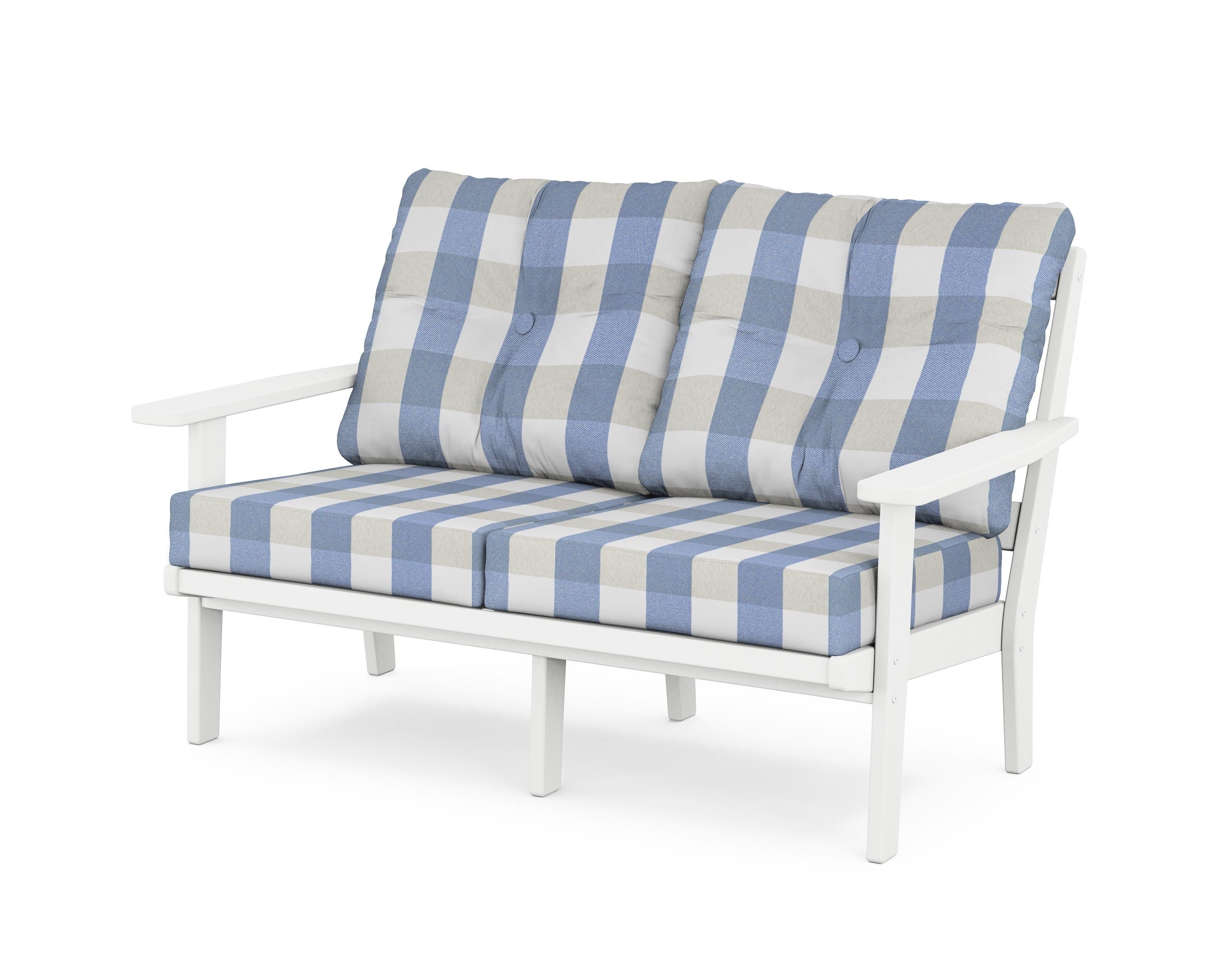 POLYWOOD® Prairie Deep Seating Loveseat in White / Buffalo Plaid Sky Blue