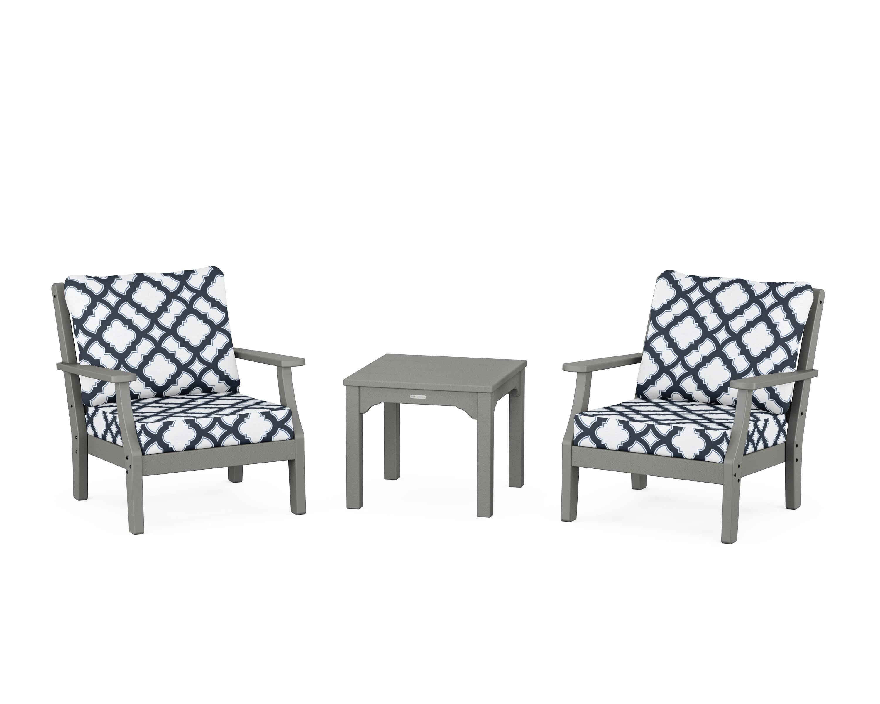 Martha Stewart by POLYWOOD® Chinoiserie 3-Piece Deep Seating Set in Slate Grey / Trellis Marine Indigo
