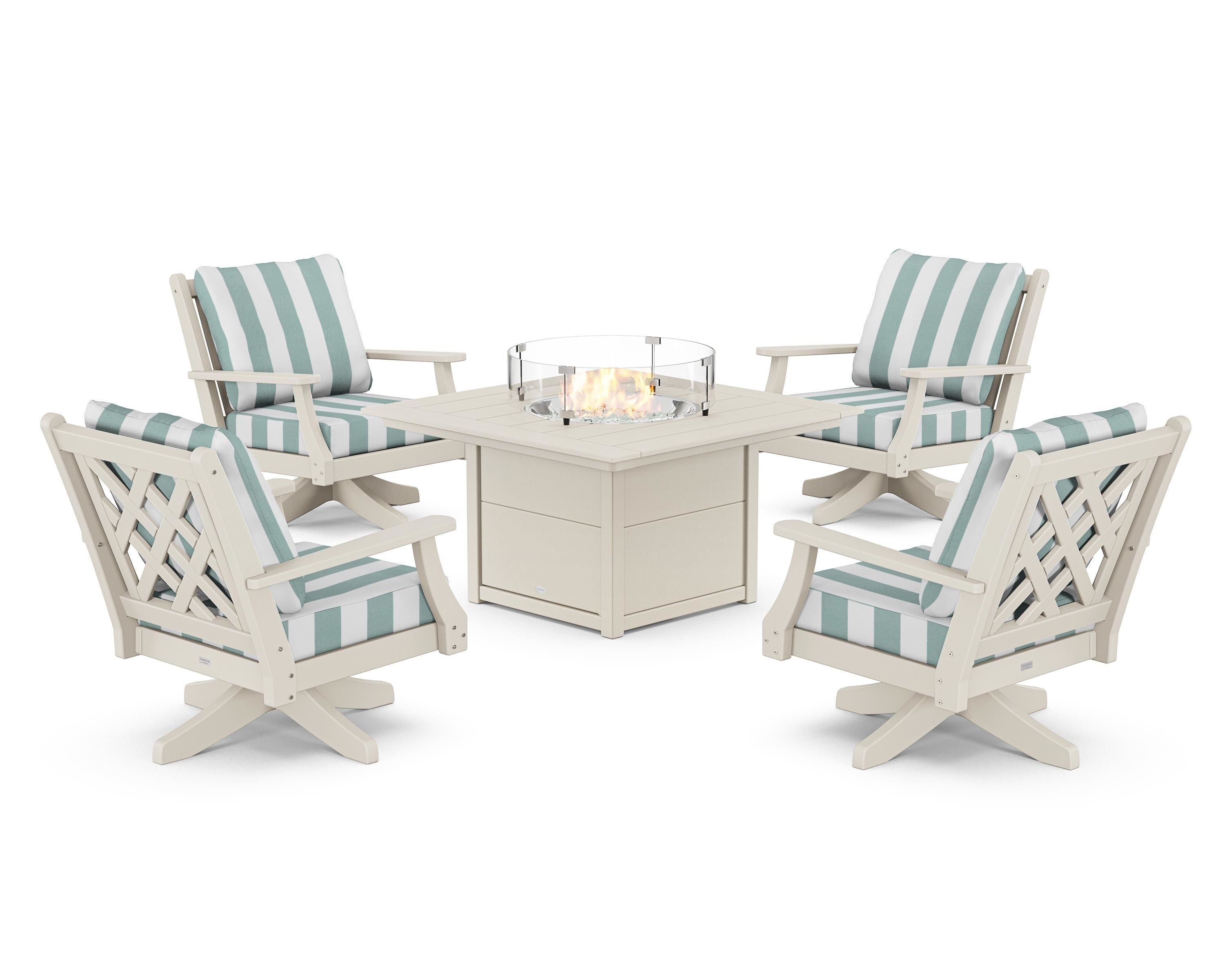 Country Living Wovendale 5-Piece Deep Seating Swivel Conversation Set with Fire Pit Table in Sand / Cabana Stripe Glacier Spa