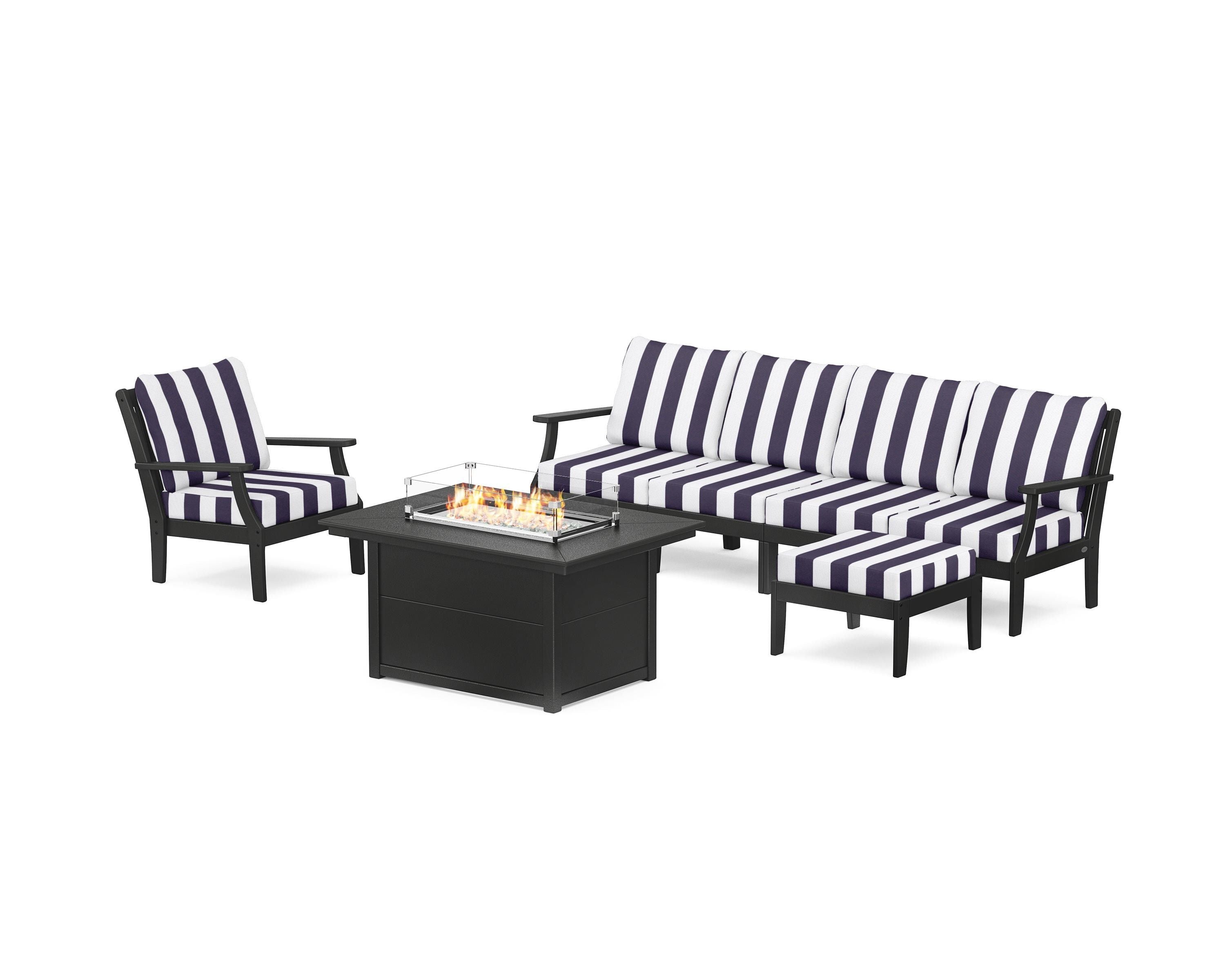 POLYWOOD® Braxton Sectional Lounge and Fire Pit Set in Black / Cabana Stripe Navy