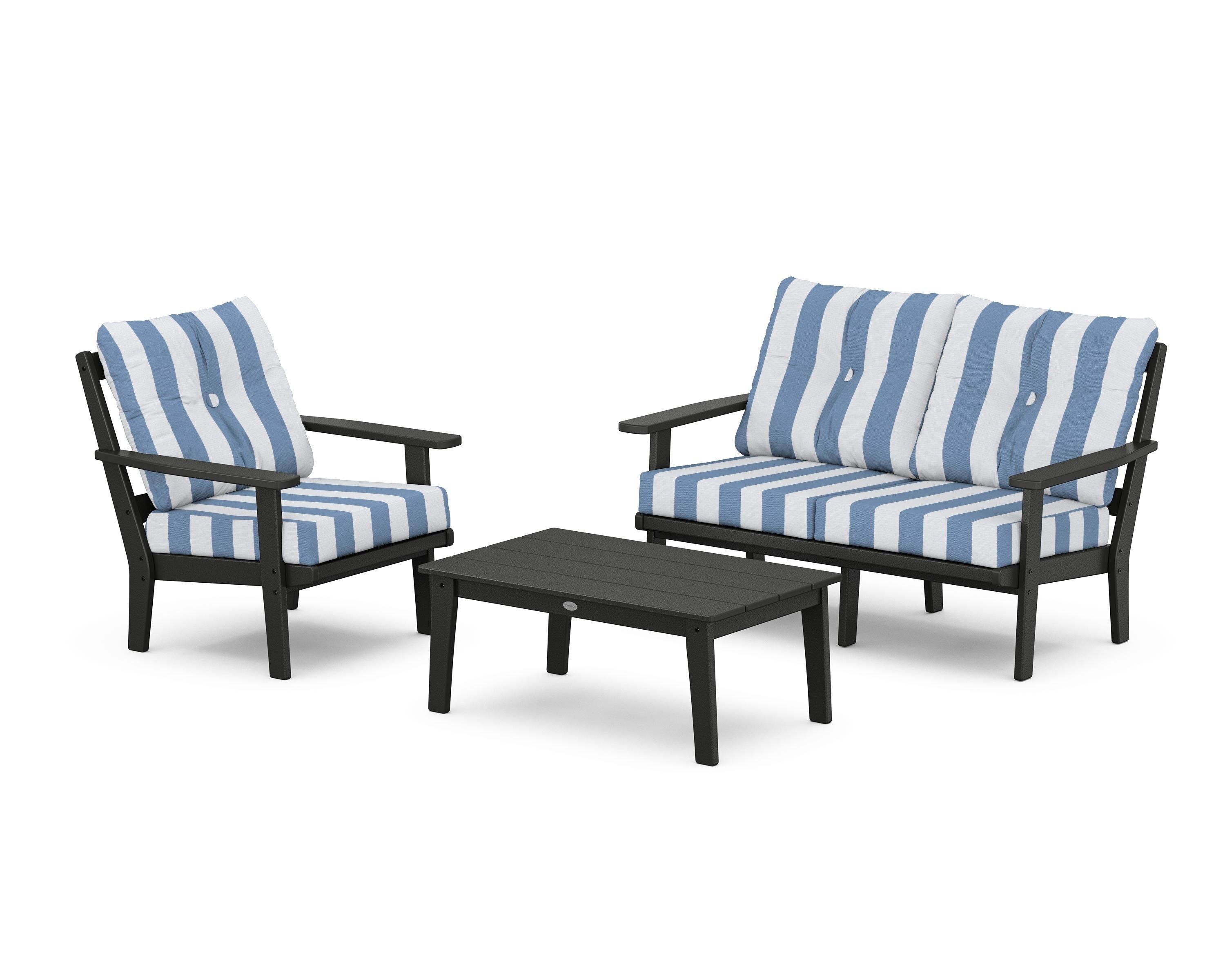 POLYWOOD® Prairie 3-Piece Deep Seating Set with Loveseat in Black / Cabana Stripe Sky Blue