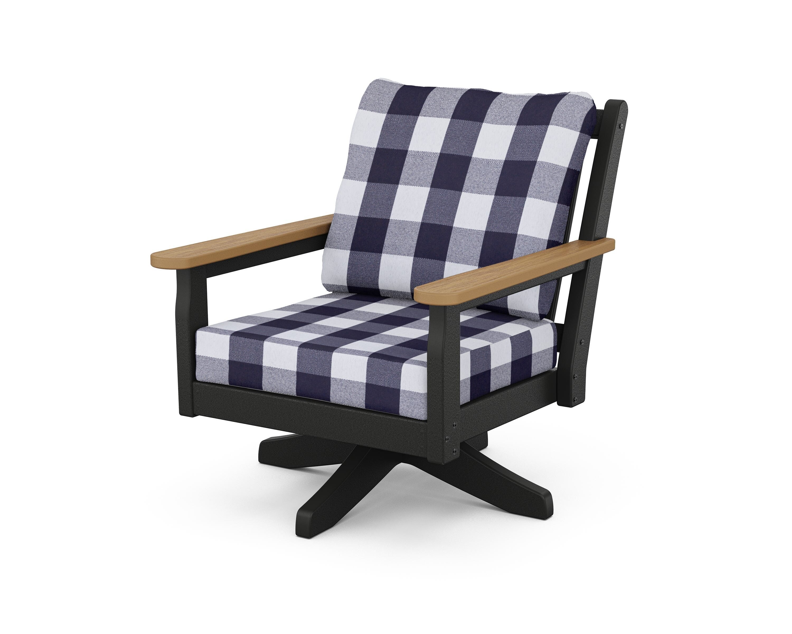 POLYWOOD® Chippendale Deep Seating Swivel Chair in Black / Natural / Buffalo Plaid Navy