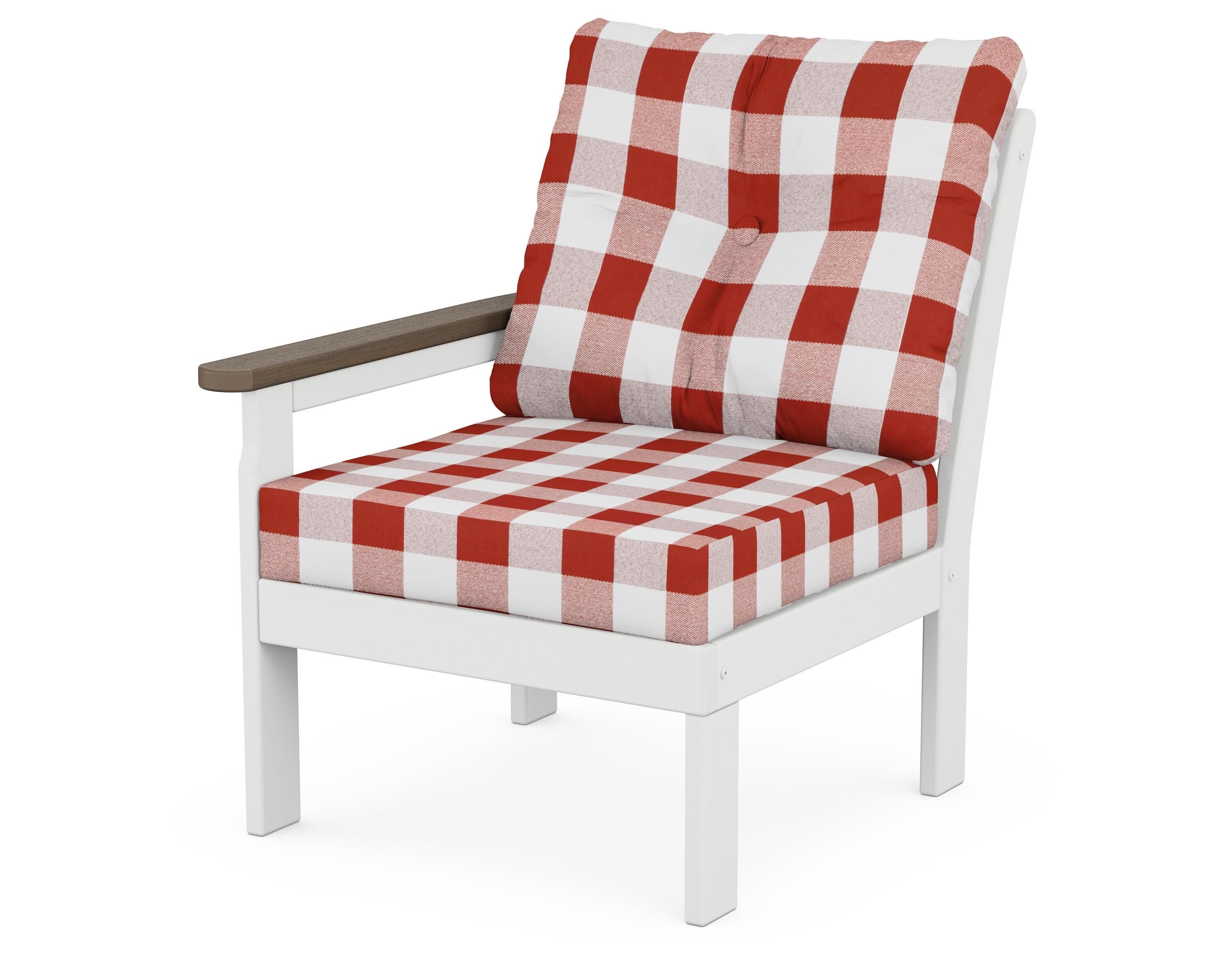 POLYWOOD® Vineyard Modular Left Arm Chair in White / Kona / Buffalo Plaid Crimson