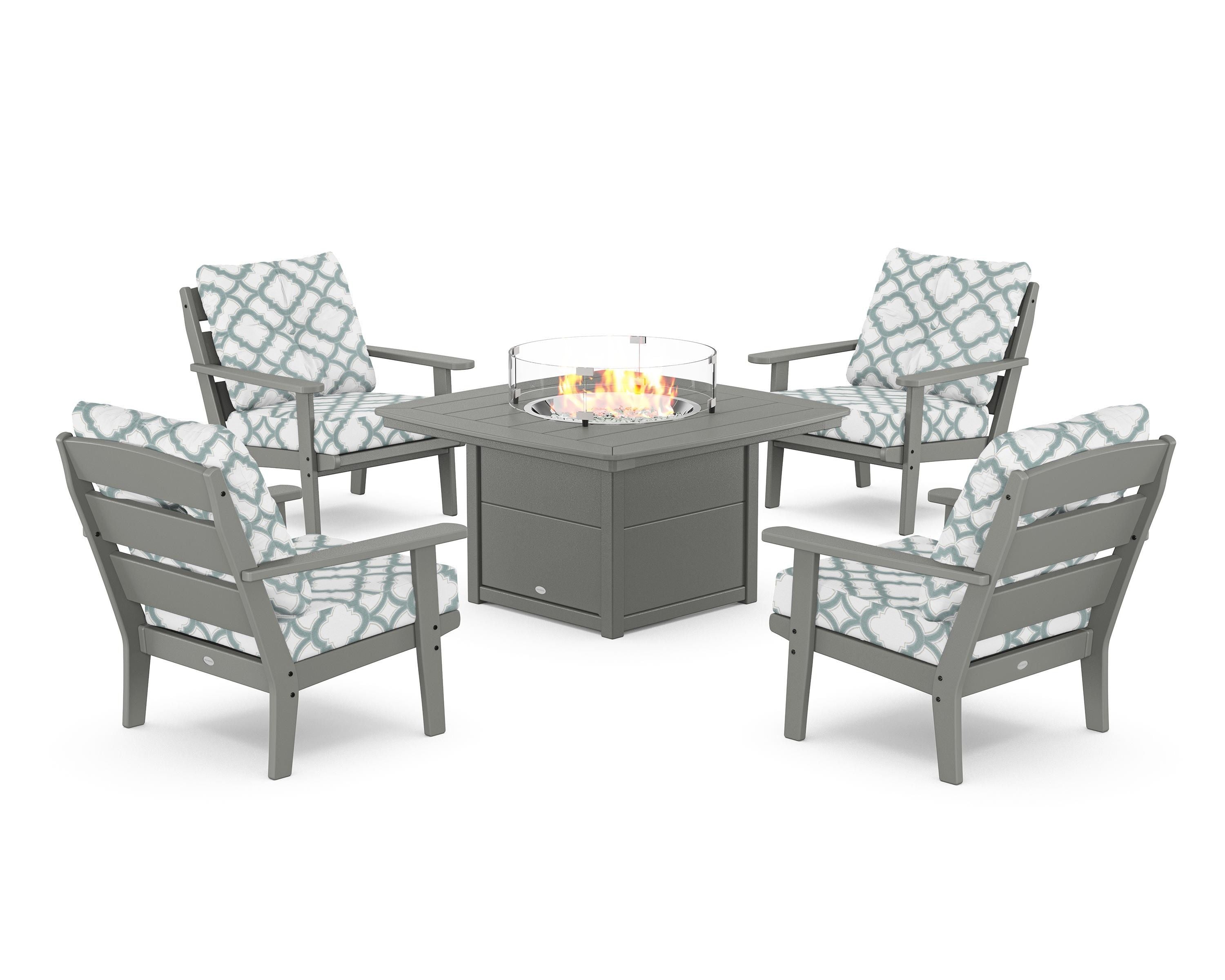 POLYWOOD® Lakeside 5-Piece Deep Seating Set with Nautical Fire Pit Table in Slate Grey / Trellis Glacier Spa