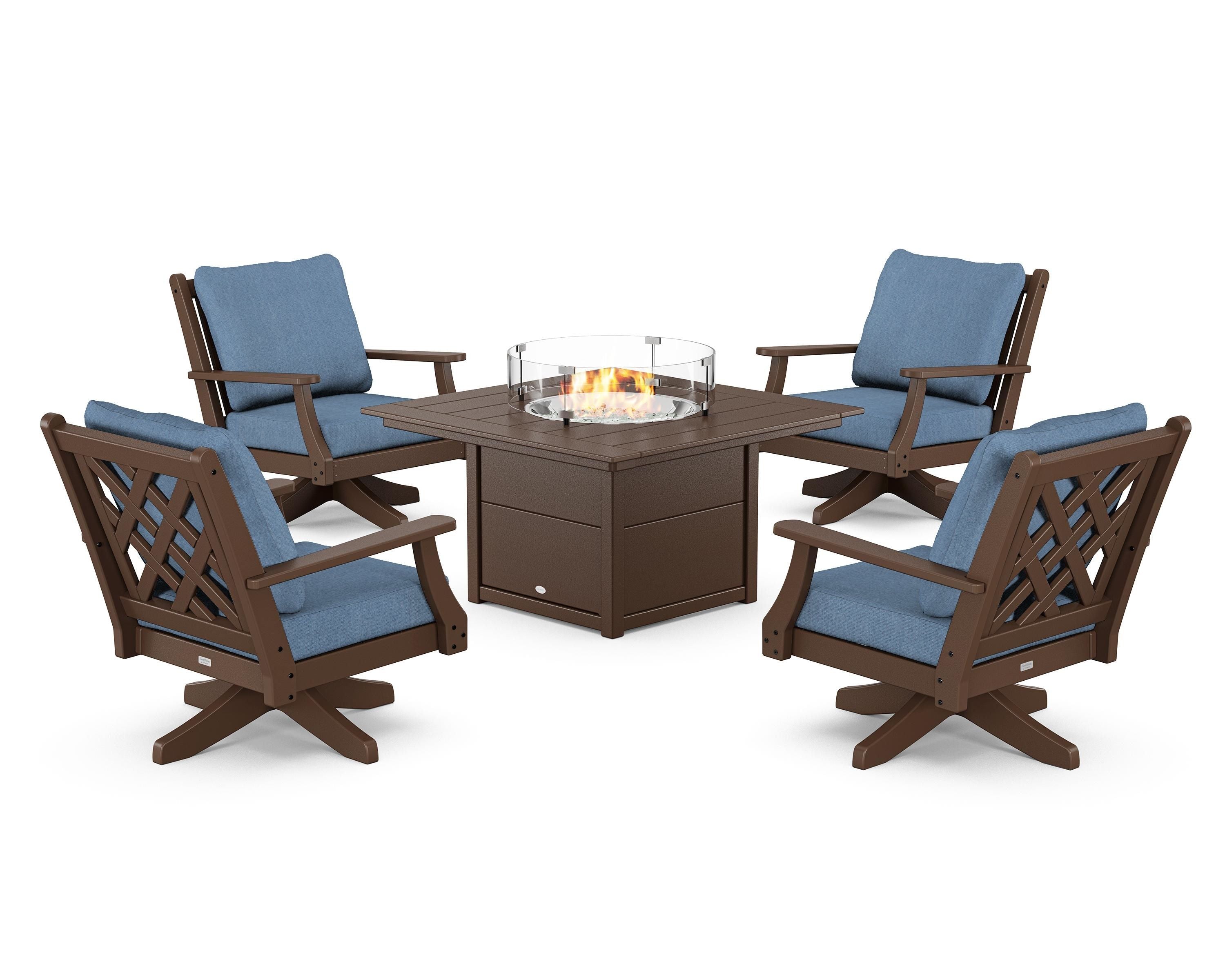 Country Living Wovendale 5-Piece Deep Seating Swivel Conversation Set with Fire Pit Table in Mahogany / Sky Blue