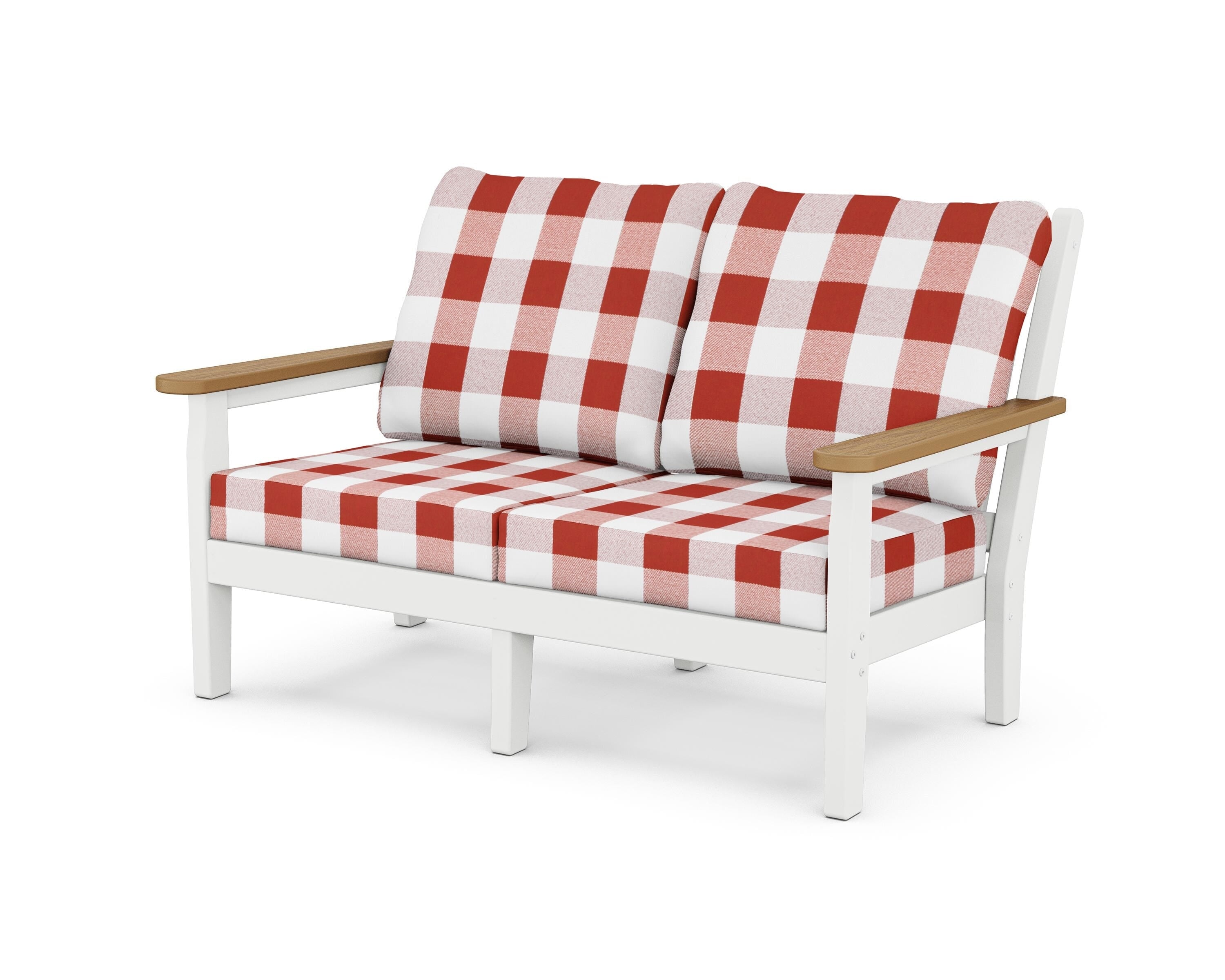 POLYWOOD® Chippendale Deep Seating Loveseat in White / Natural / Buffalo Plaid Crimson