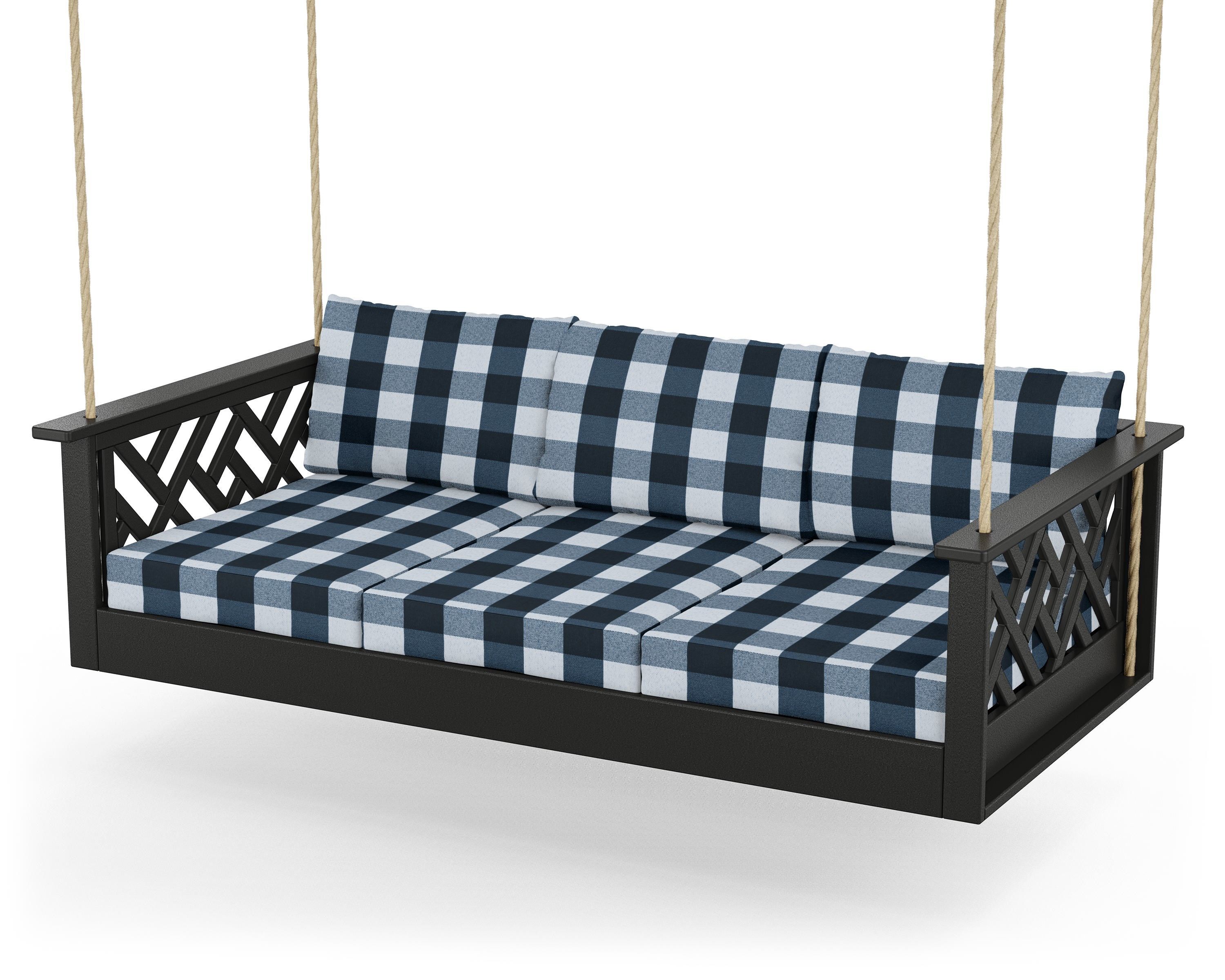 POLYWOOD® Chippendale Daybed Swing in Black / Buffalo Plaid Marine Indigo