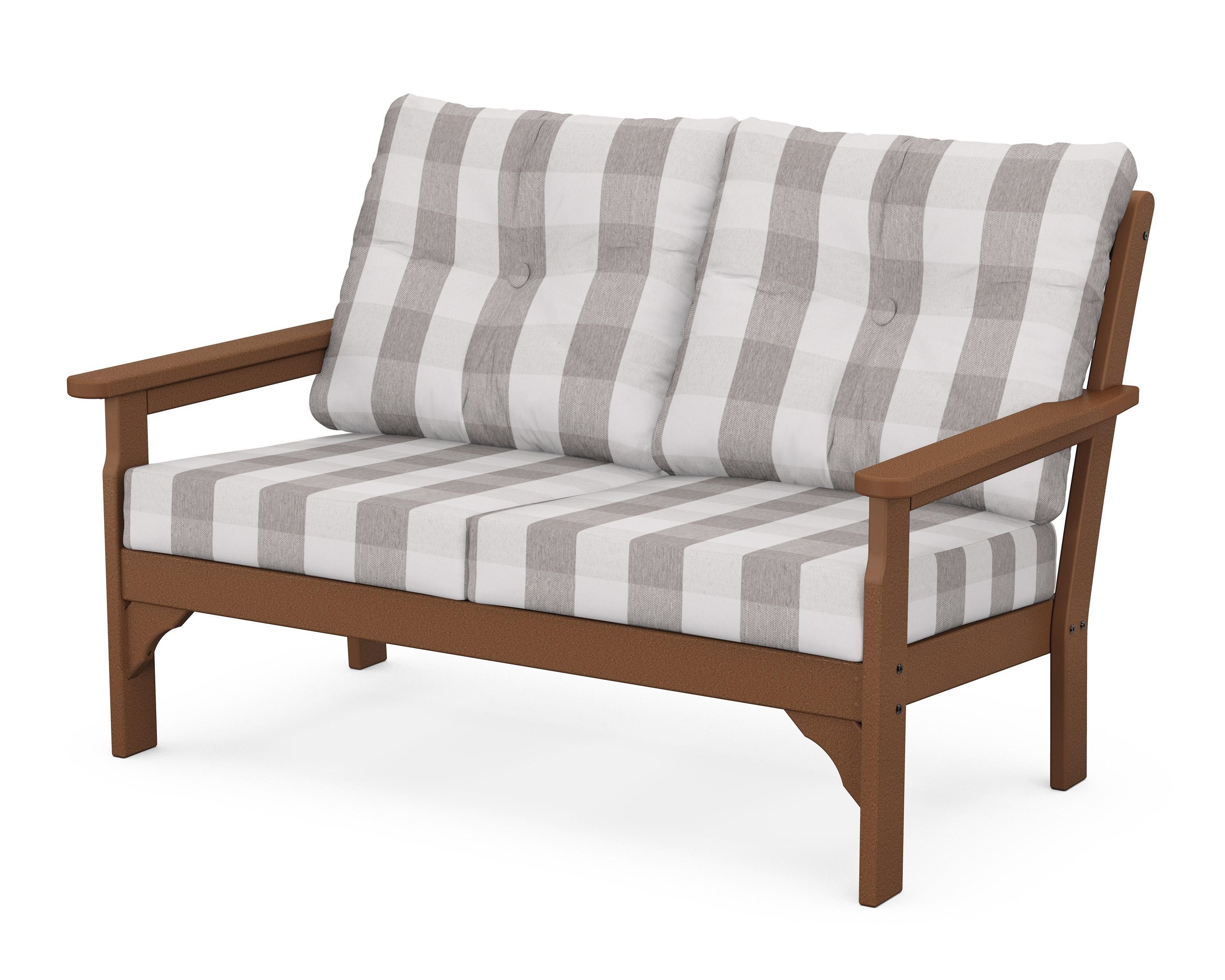 POLYWOOD® Vineyard Deep Seating Loveseat in Teak / Buffalo Plaid Grey Mist