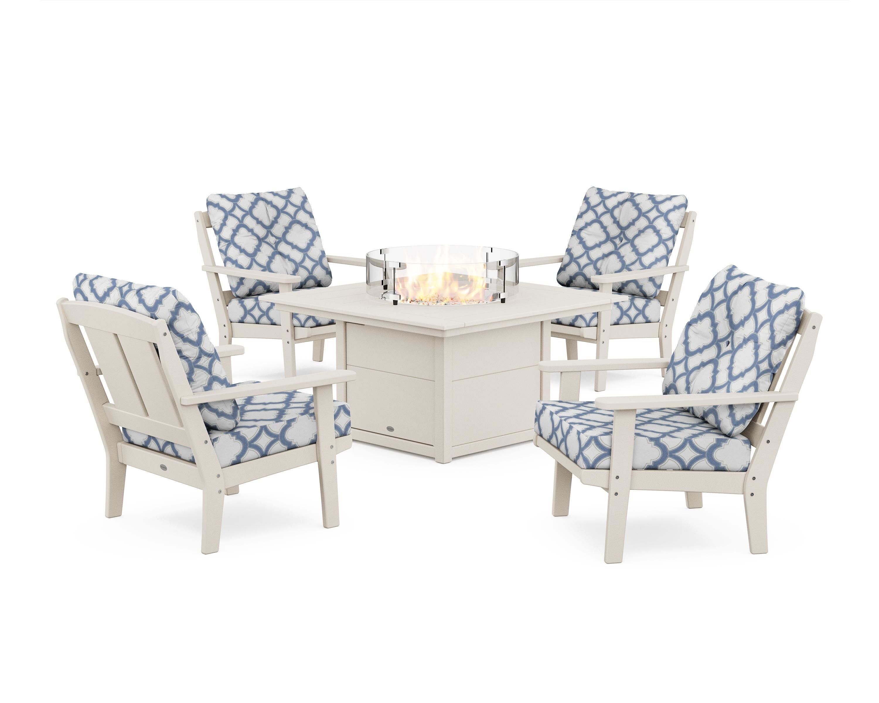 POLYWOOD® Mission 5-Piece Deep Seating Set with Fire Pit Table in Sand / Trellis Sky Blue
