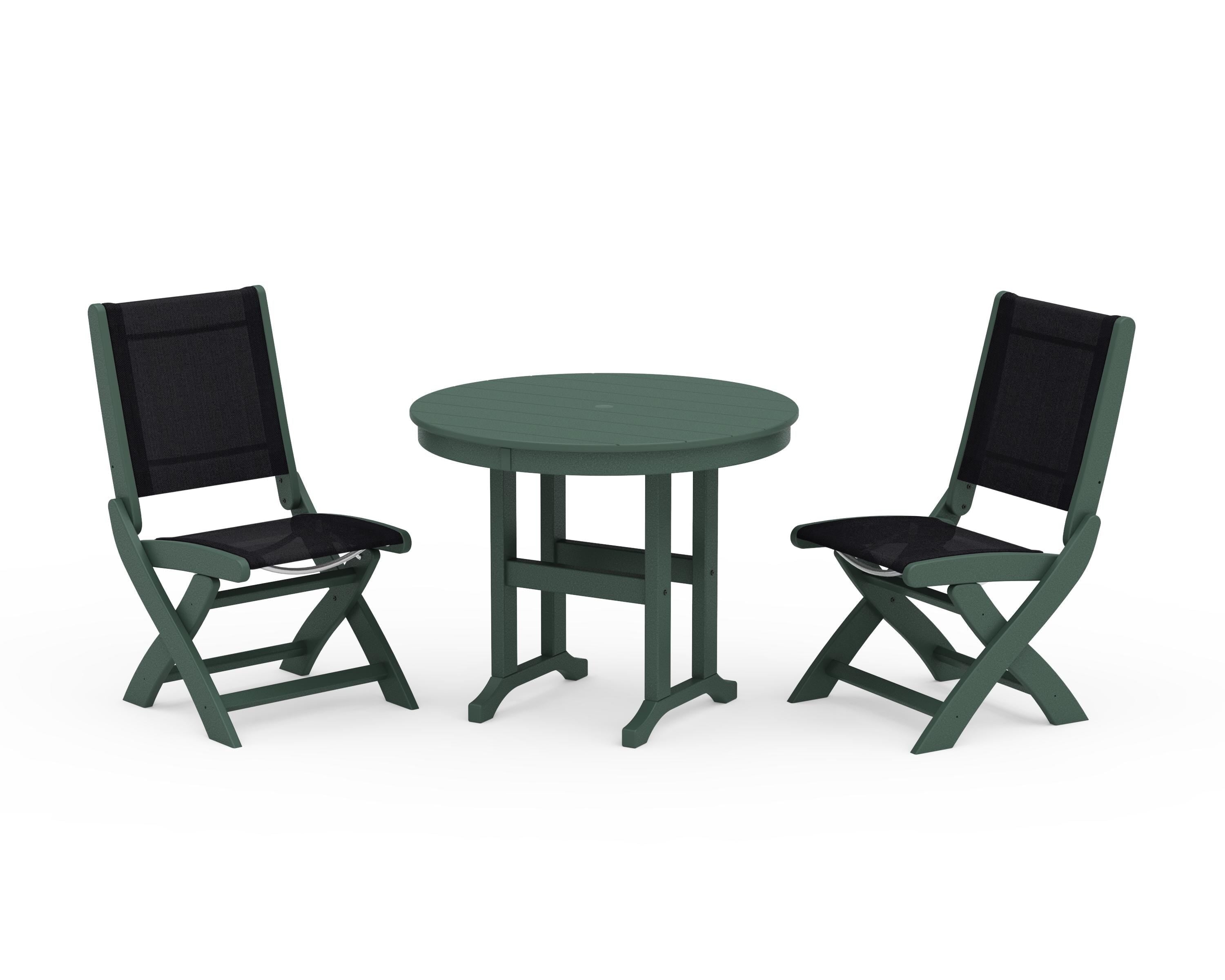 POLYWOOD® Coastal Folding Side Chair 3-Piece Round Dining Set in Green / Black Sling