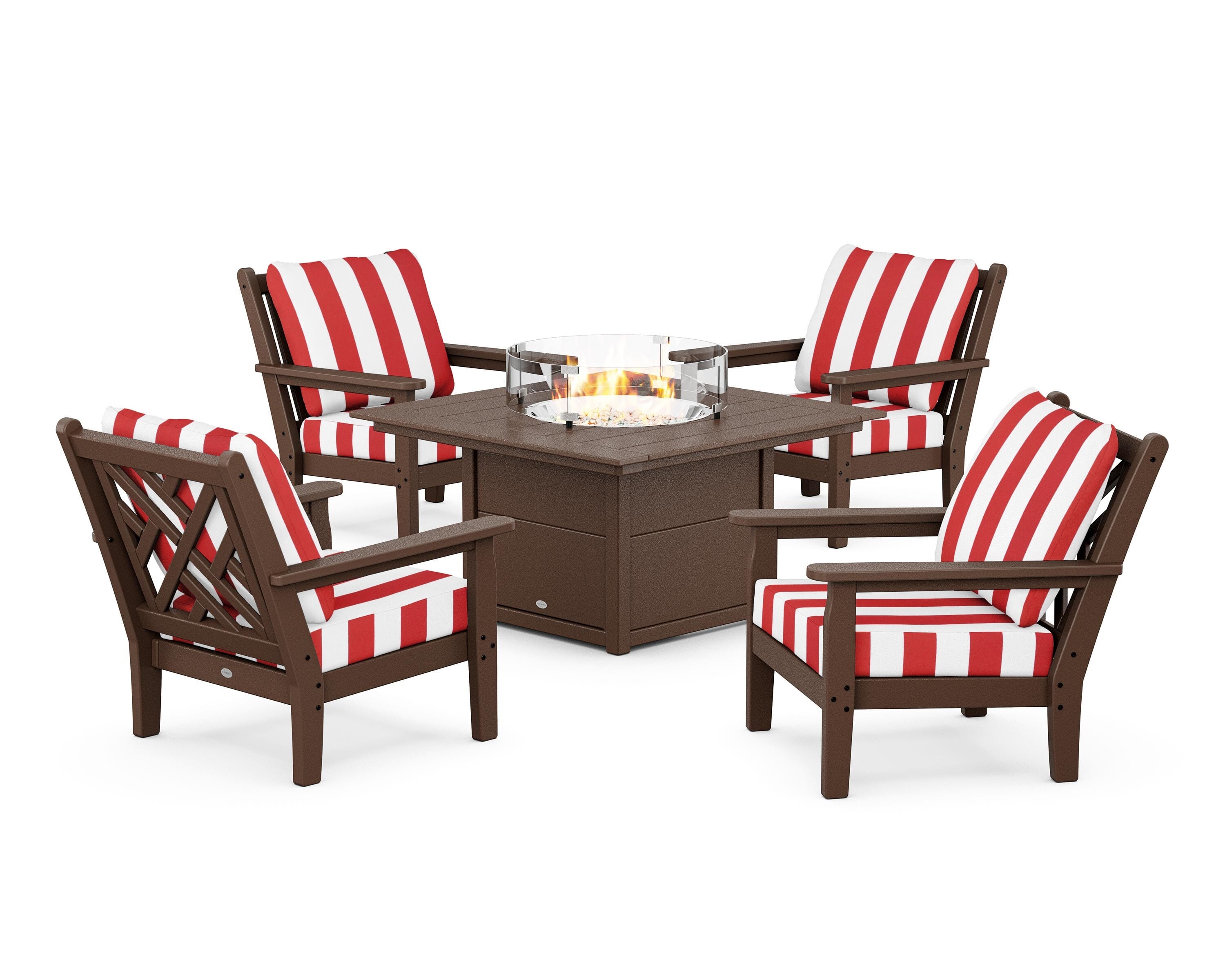 POLYWOOD® Chippendale 5-Piece Deep Seating Set with Fire Pit Table in Mahogany / Cabana Stripe Crimson