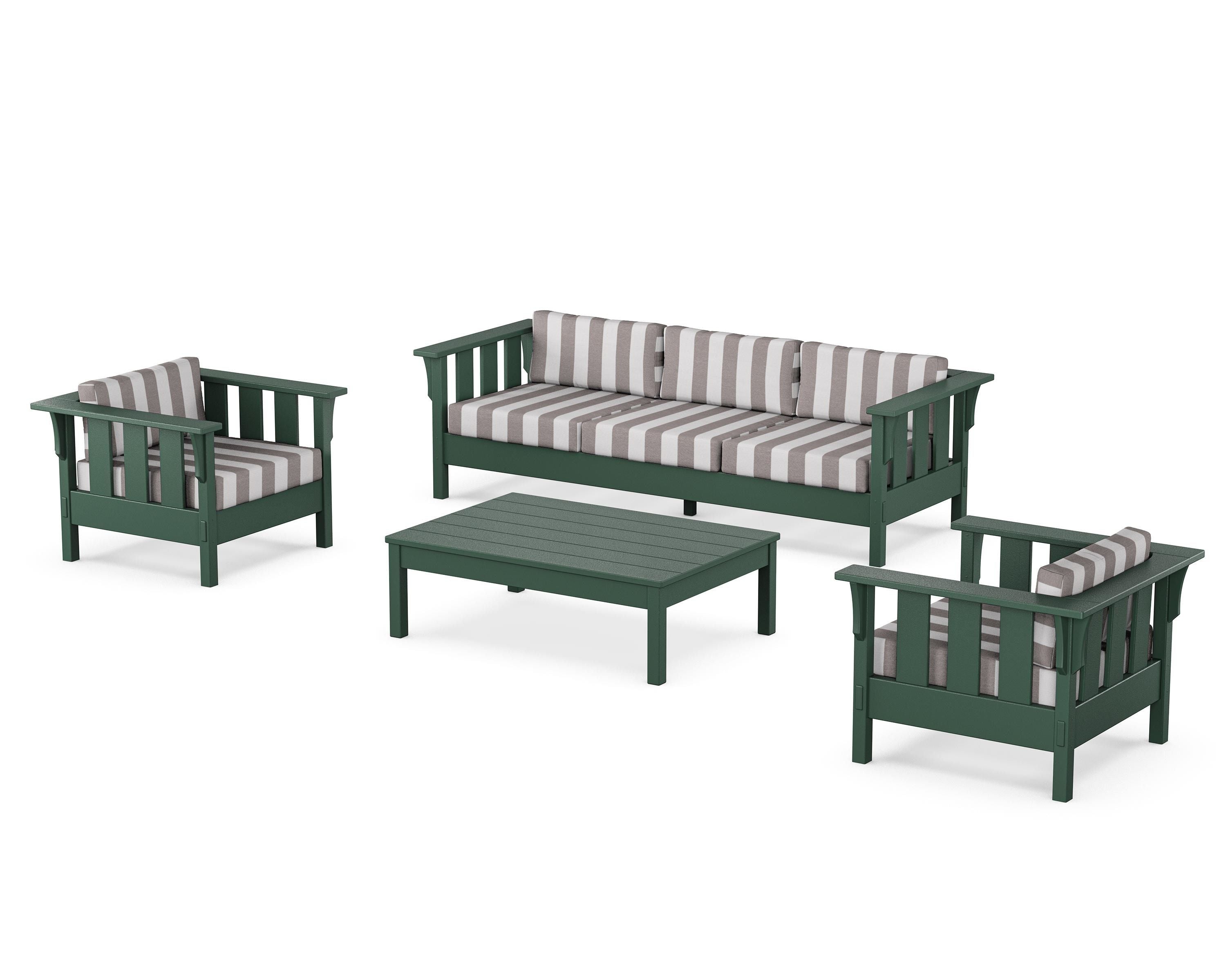Martha Stewart by POLYWOOD® Acadia 4-Piece Deep Seating Set with Sofa in Green / Cabana Stripe Grey Mist