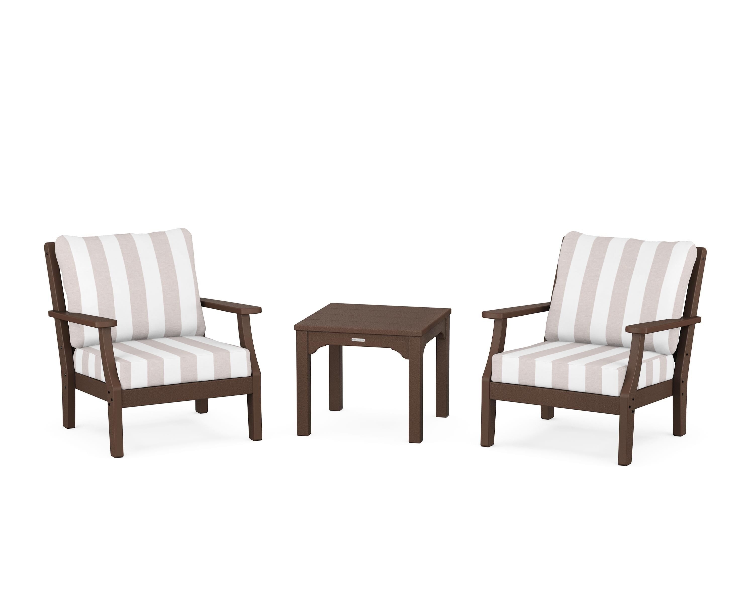 Martha Stewart by POLYWOOD® Chinoiserie 3-Piece Deep Seating Set in Mahogany / Cabana Stripe Dune Burlap