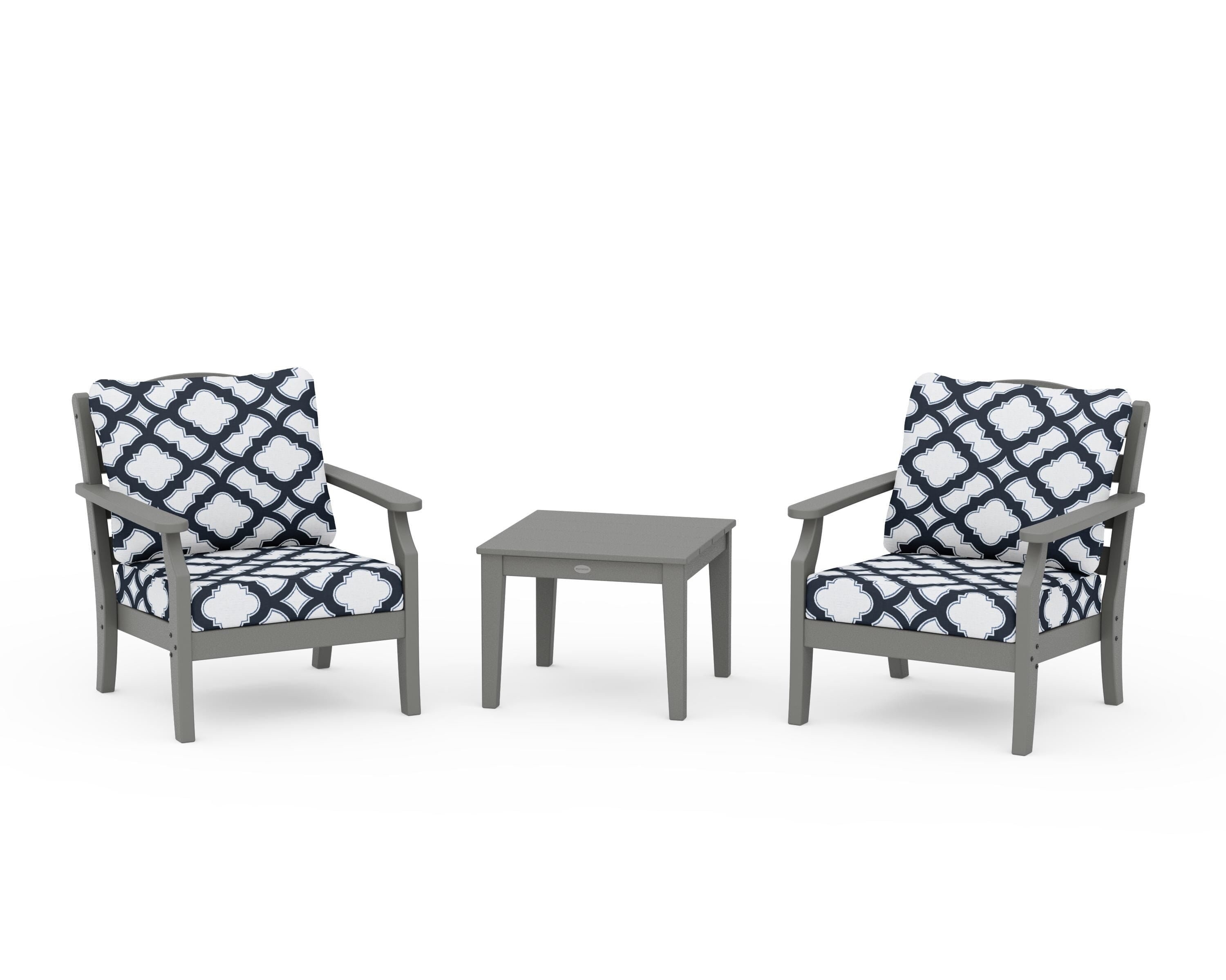 Draper James™ by POLYWOOD® Savannah 3-Piece Deep Seating Set in Slate Grey / Trellis Marine Indigo