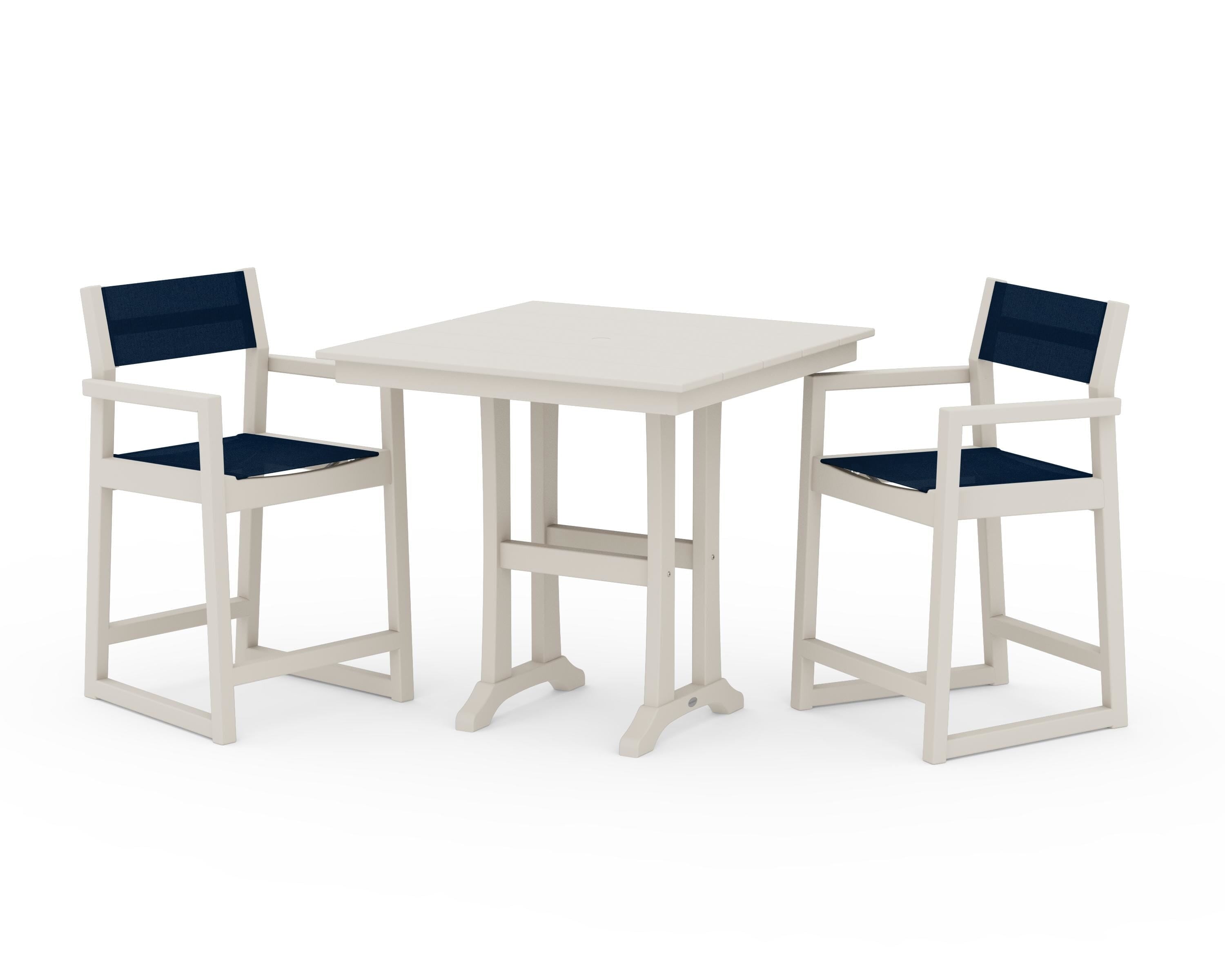 POLYWOOD® EDGE Sling Arm Chair 3-Piece Farmhouse Counter Set with Trestle Legs in Sand / Navy Blue Sling