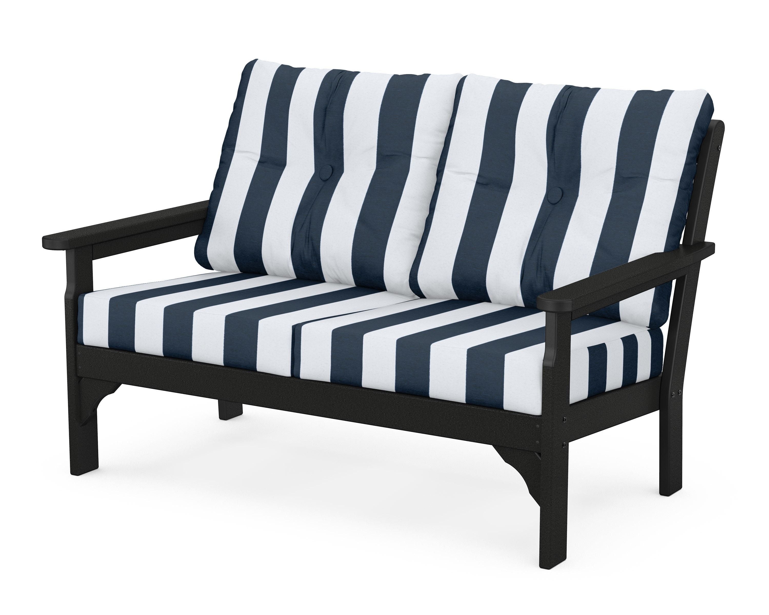 POLYWOOD® Vineyard Deep Seating Loveseat in Black / Cabana Stripe Marine Indigo