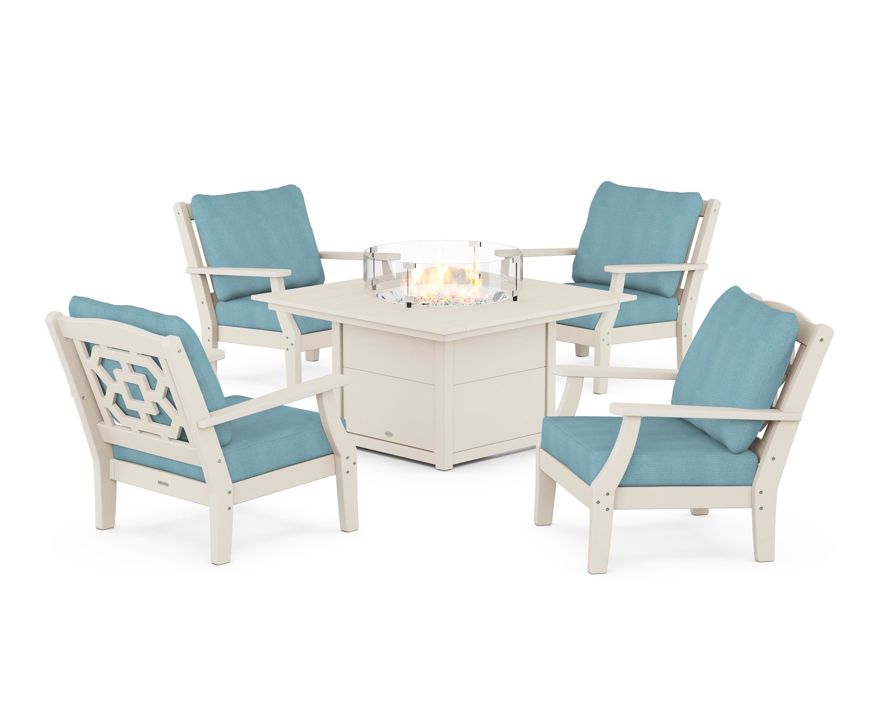 Martha Stewart by POLYWOOD® Chinoiserie 5-Piece Deep Seating Set with Fire Pit Table in Sand / Lattice Sky Blue