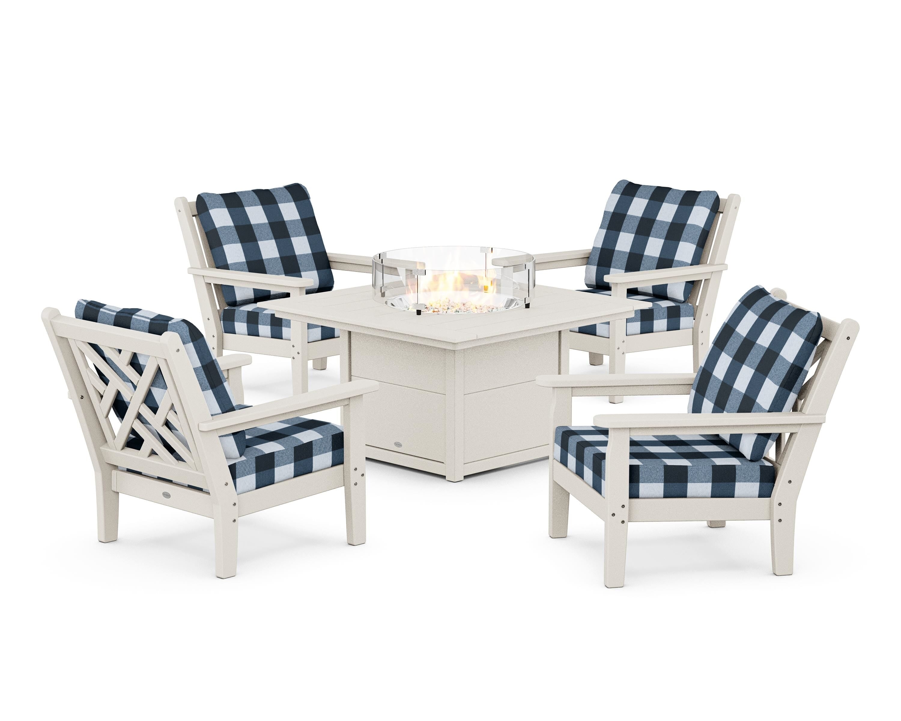 POLYWOOD® Chippendale 5-Piece Deep Seating Set with Fire Pit Table in Sand / Buffalo Plaid Marine Indigo
