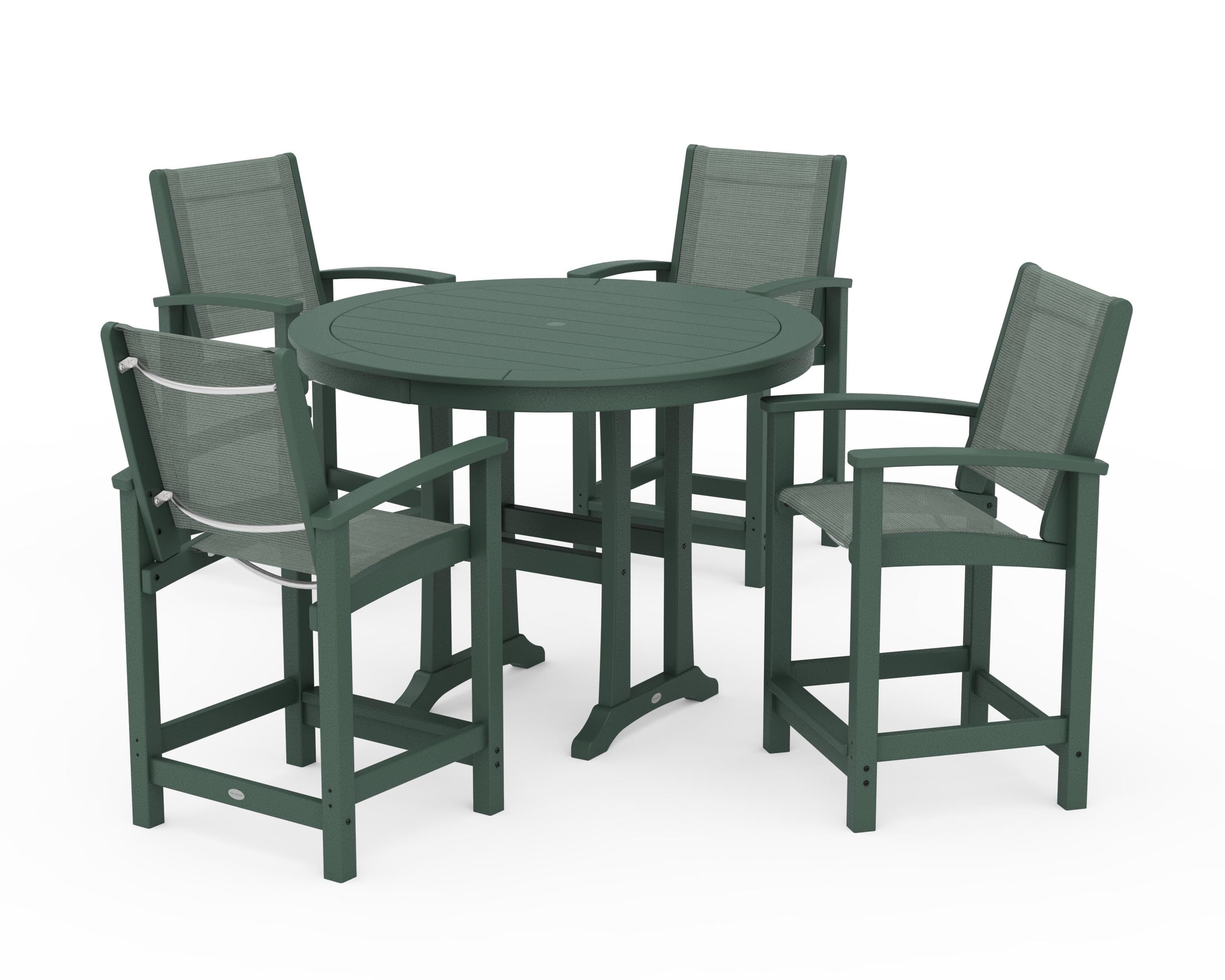 POLYWOOD® Coastal 5-Piece Counter Set in Green / Dupioni Sea Mist Sling