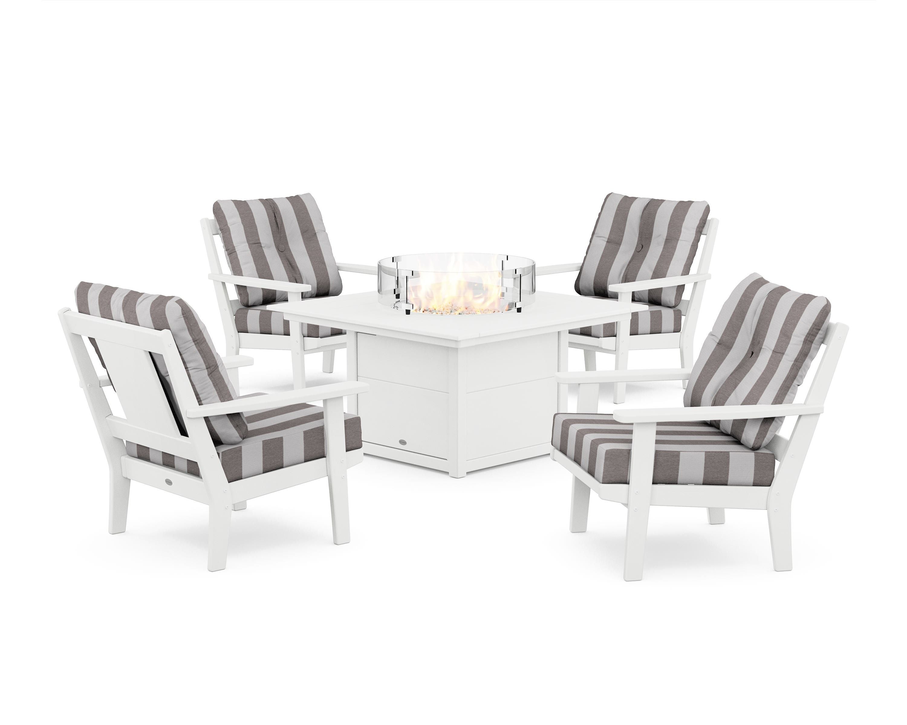 POLYWOOD® Prairie 5-Piece Deep Seating Set with Fire Pit Table in White / Cabana Stripe Grey Mist