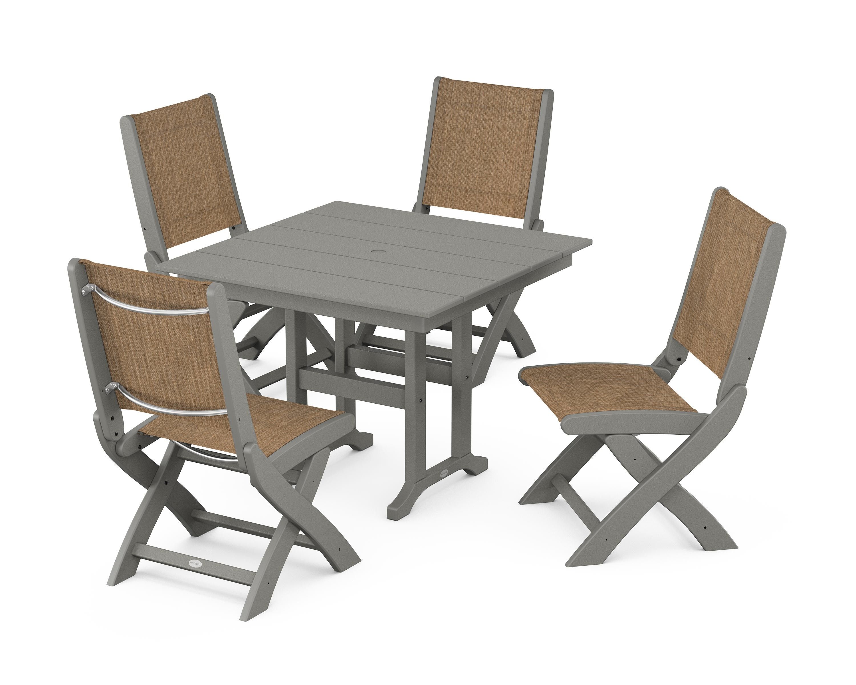 POLYWOOD® Coastal Folding Side Chair 5-Piece Farmhouse Dining Set in Slate Grey / Burlap Sling