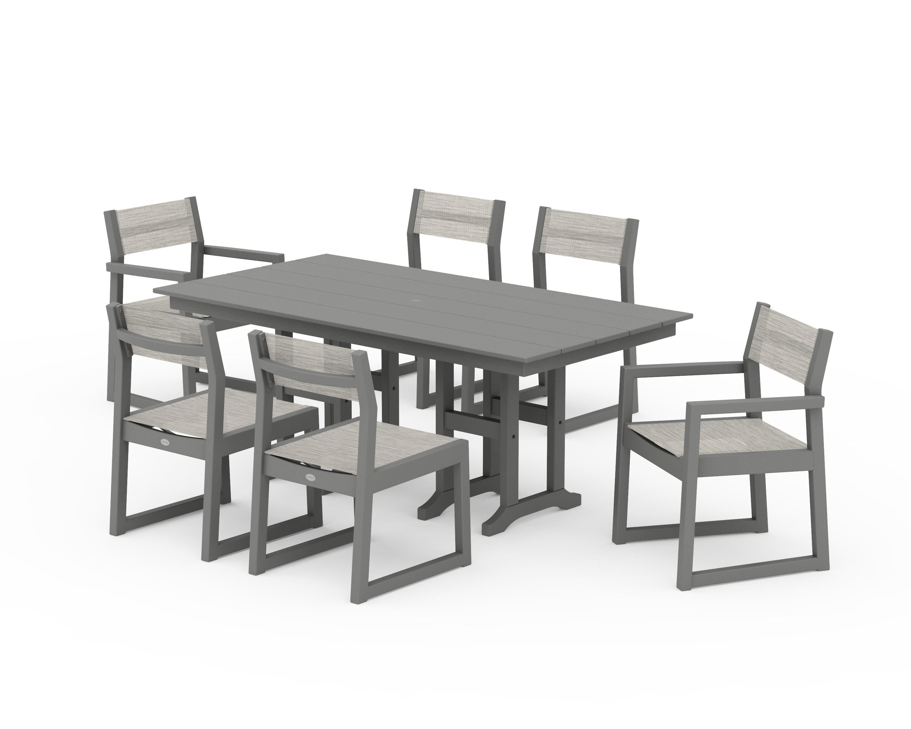 POLYWOOD® EDGE Sling 7-Piece Farmhouse Dining Set in Slate Grey / Birch Sling