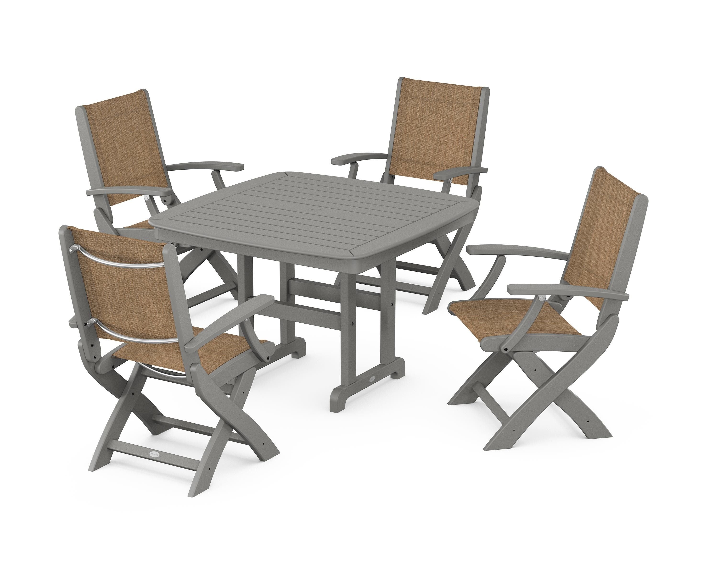 POLYWOOD® Coastal Folding Chair 5-Piece Dining Set in Slate Grey / Burlap Sling