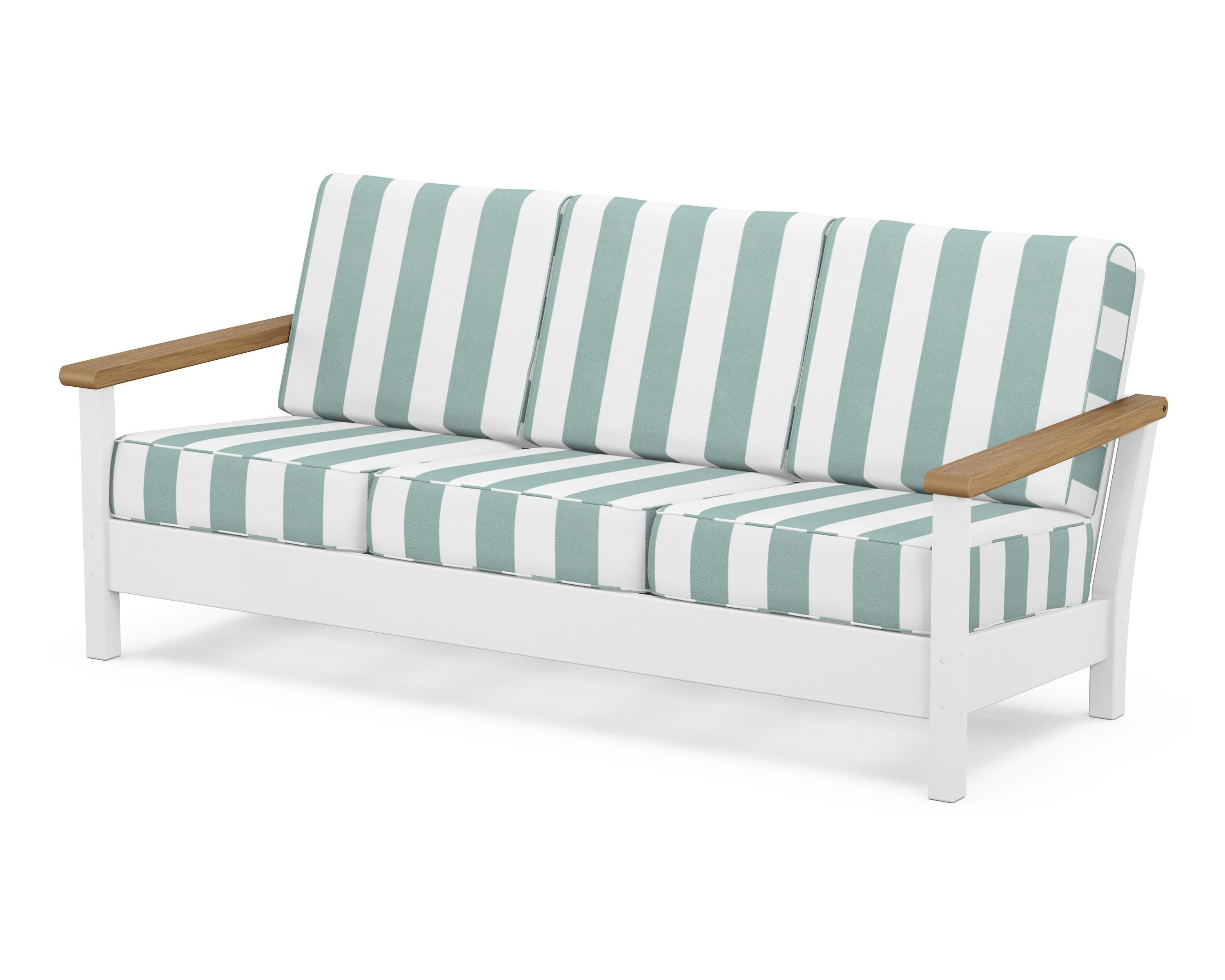 POLYWOOD® Harbour Deep Seating Sofa in White / Natural / Cabana Stripe Glacier Spa