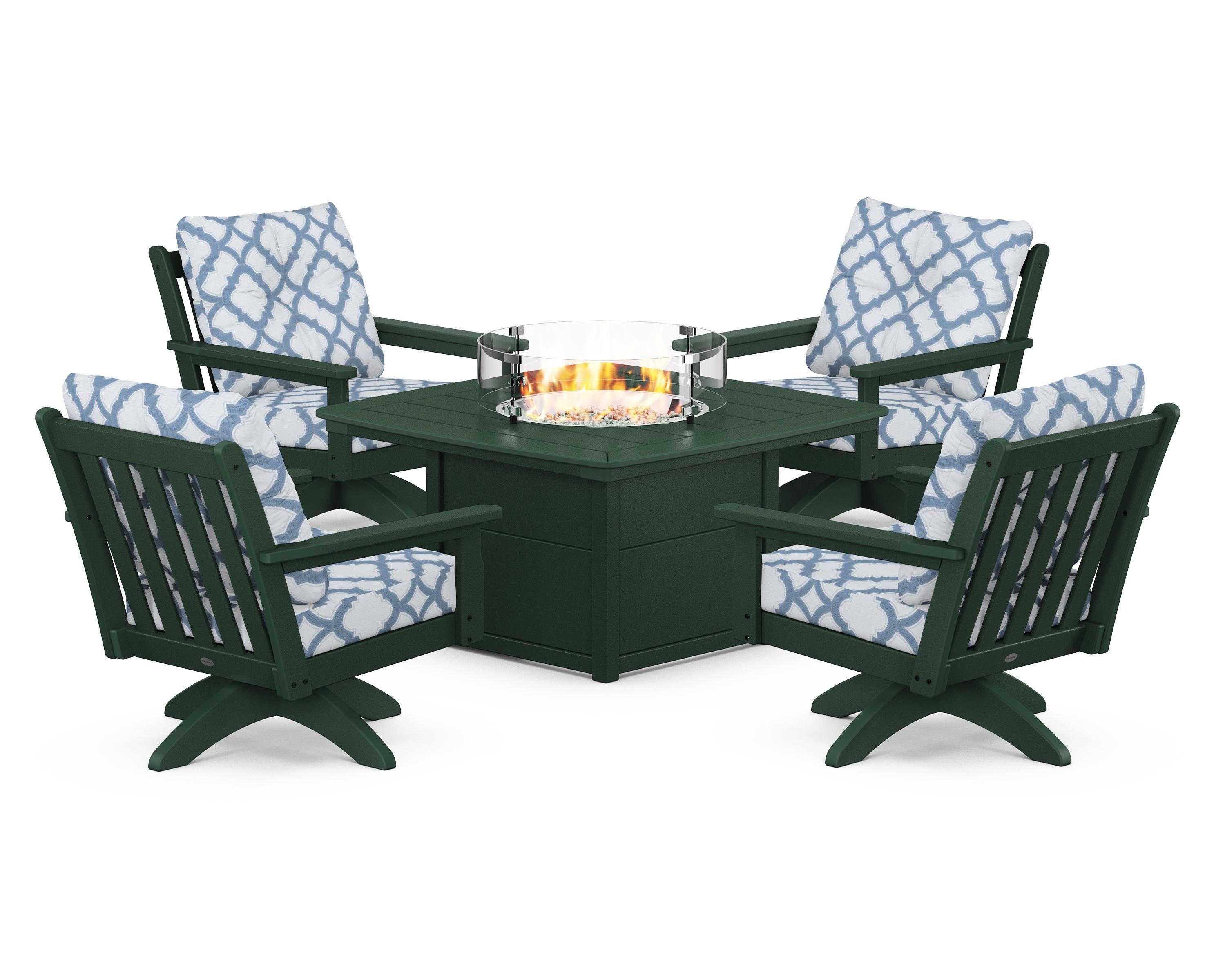 POLYWOOD® Vineyard 5-Piece Deep Seating Swivel Conversation Set with Fire Pit Table in Green / Trellis Sky Blue