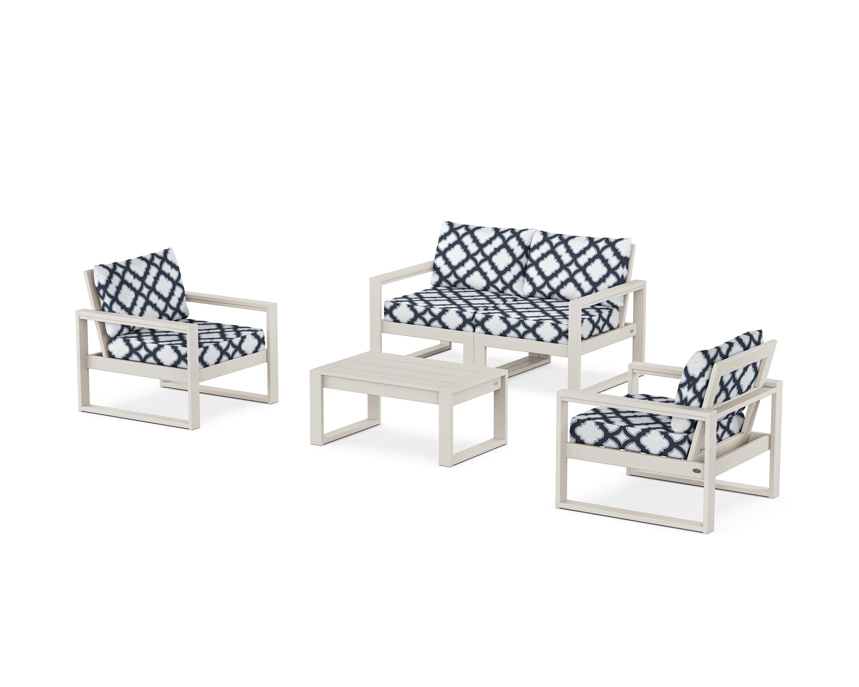 POLYWOOD® EDGE Sectional 4-Piece Deep Seating Set with Loveseat in Sand / Trellis Marine Indigo