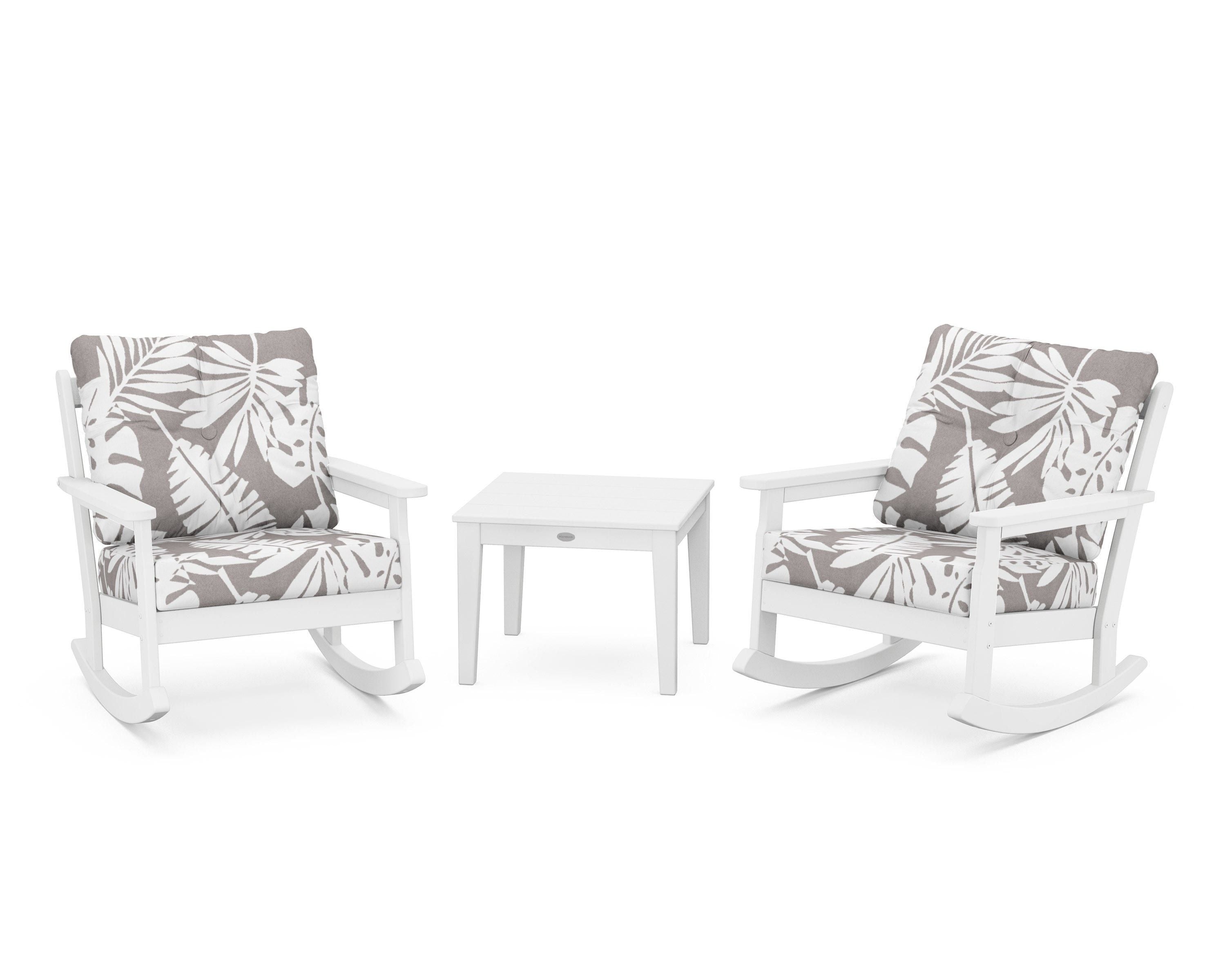 POLYWOOD® Vineyard 3-Piece Deep Seating Rocker Set in White / Leaf Grey Mist