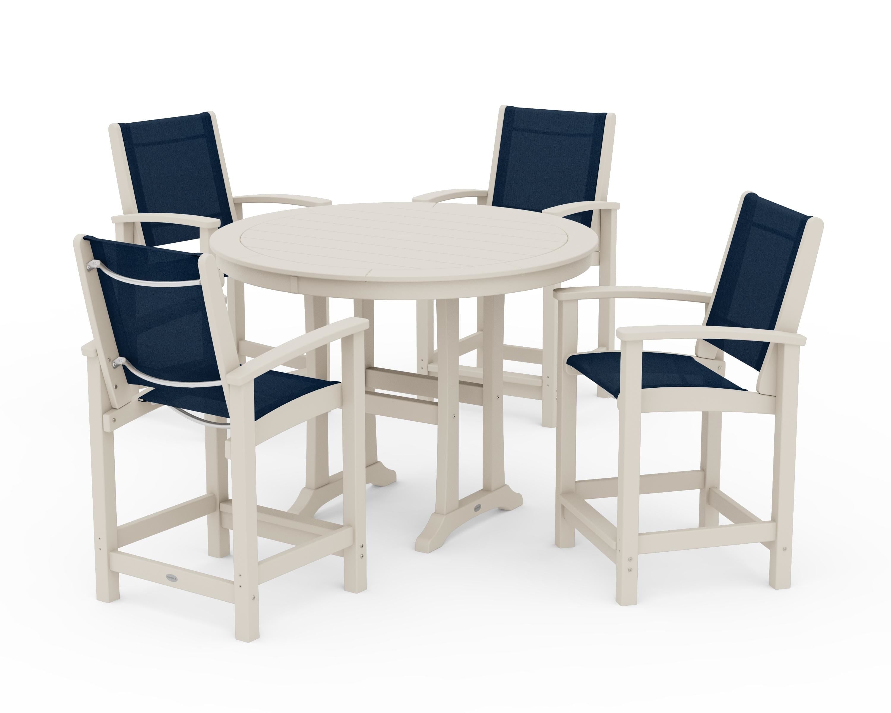 POLYWOOD® Coastal 5-Piece Counter Set in Sand / Navy Blue Sling