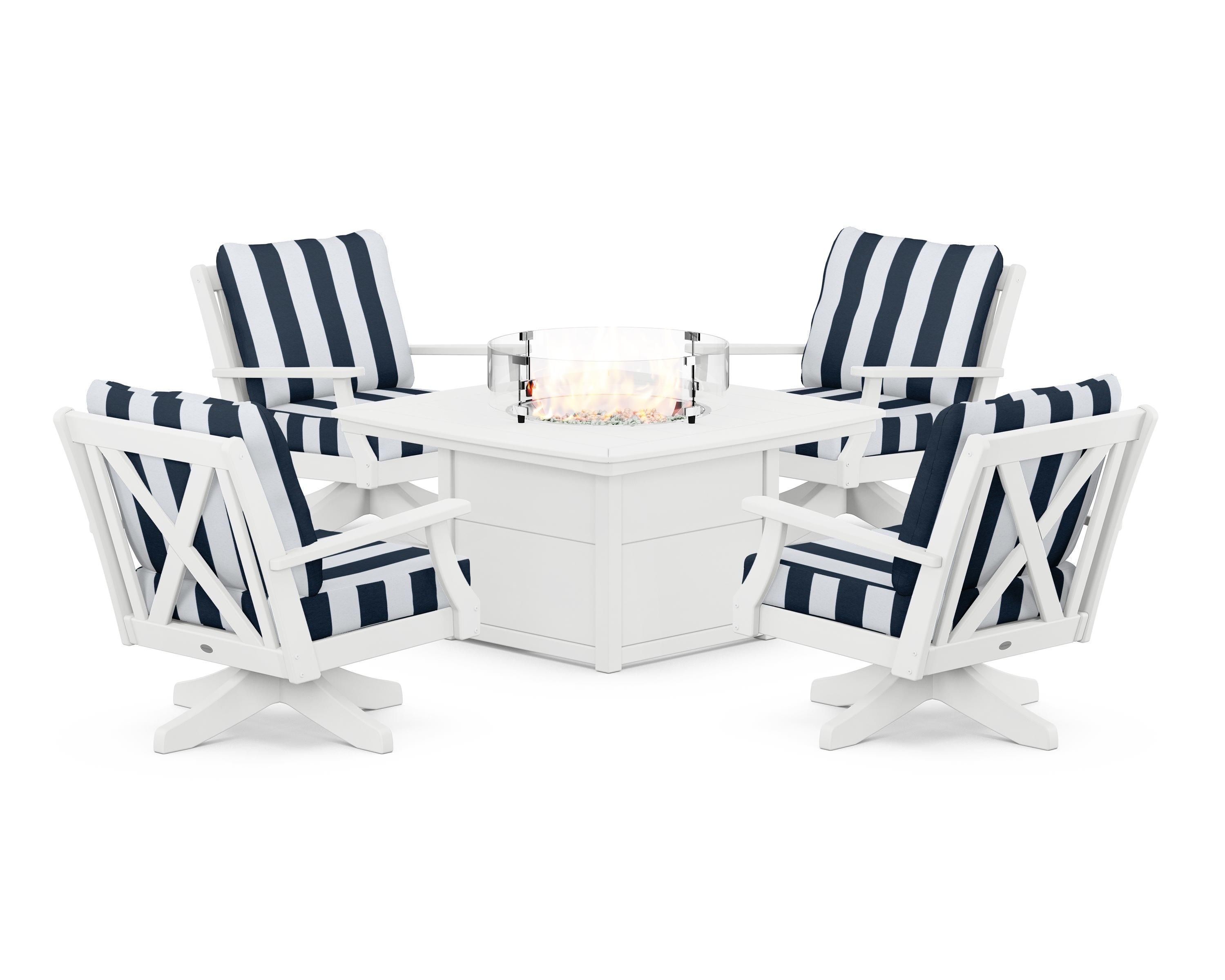 POLYWOOD® Braxton 5-Piece Deep Seating Swivel Conversation Set with Fire Pit Table in White / Cabana Stripe Marine Indigo