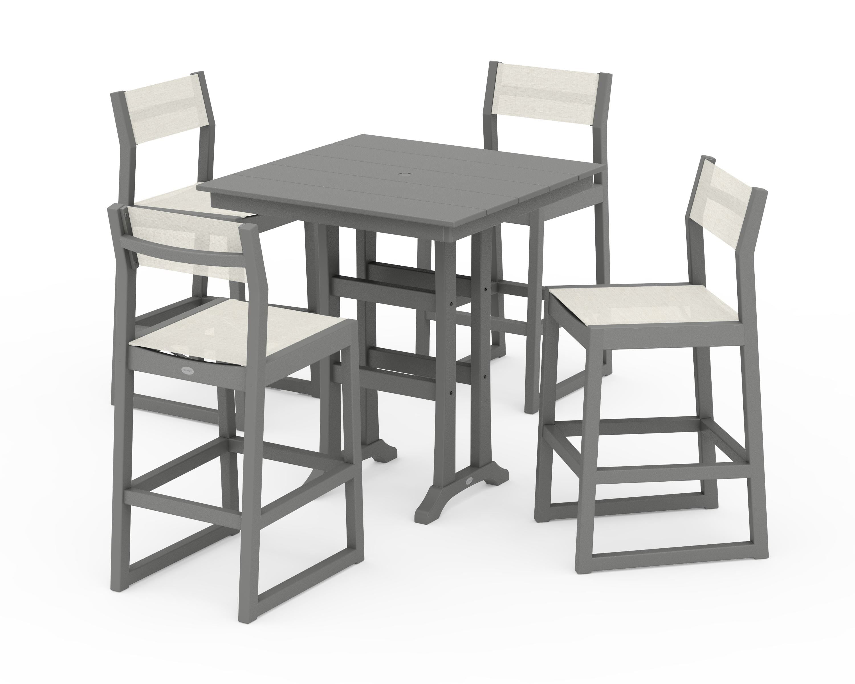 POLYWOOD® EDGE Sling Arm Chair 5-Piece Farmhouse Bar Set with Trestle Legs in Slate Grey / Parchment Sling